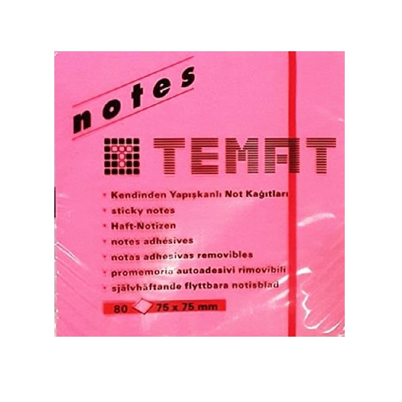 Temat Yapışkanlı Not Kağıdı 75x75 Fosforlu Pembe