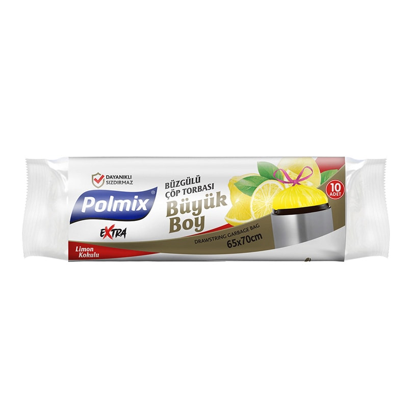 Polmix P142 Çöp Torbası Büzgülü Büyük Boy Limon Kokulu 65 x 70 cm 10 Adet - Sarı