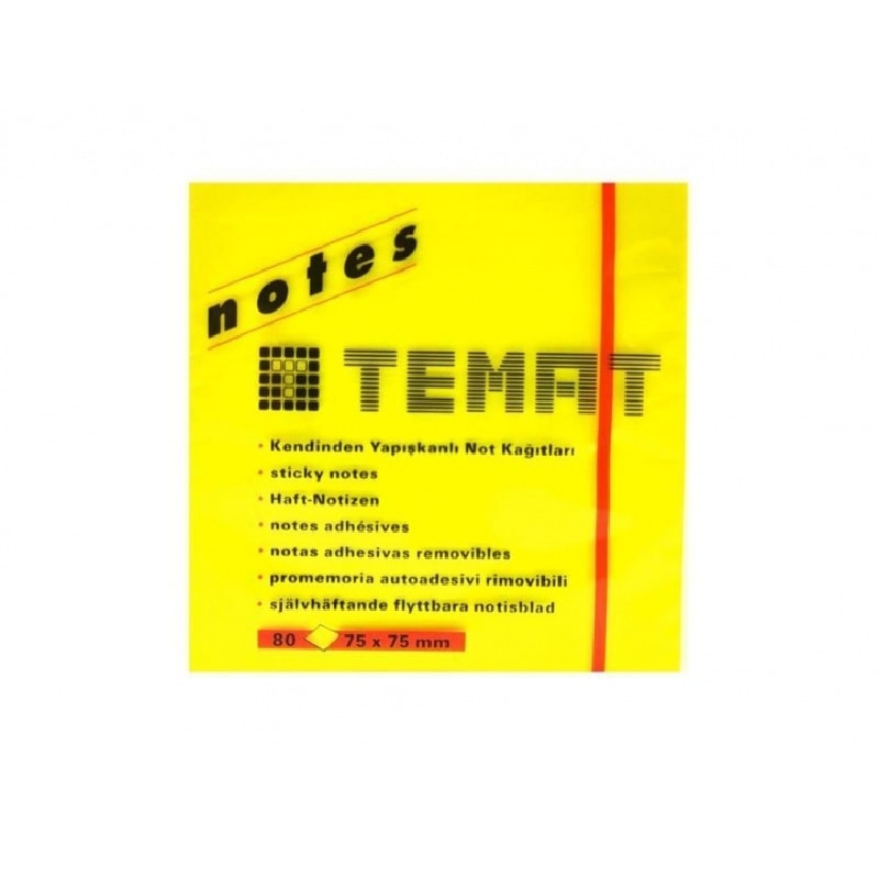 Temat Yapışkanlı Not Kağıdı 75x75 Fosforlu Sarı