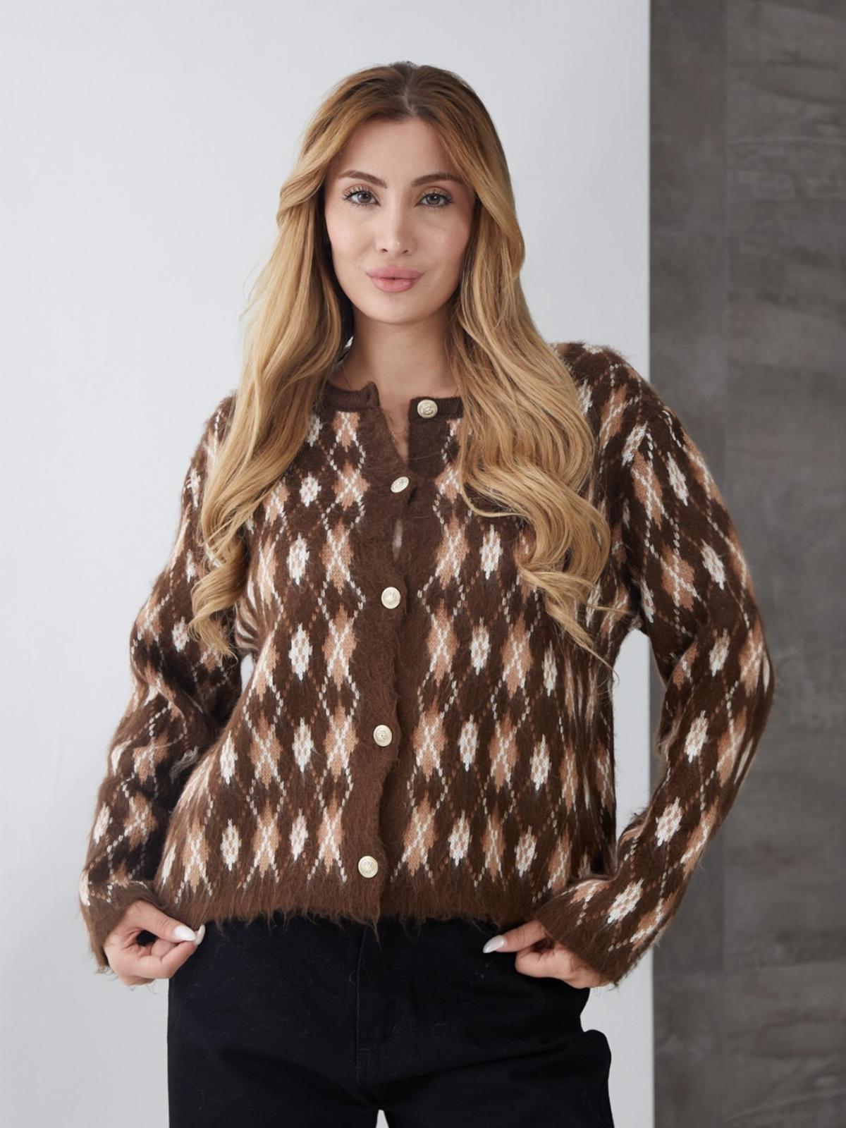 Baklava Desenli Gold Düğmeli Triko Hırka Voela