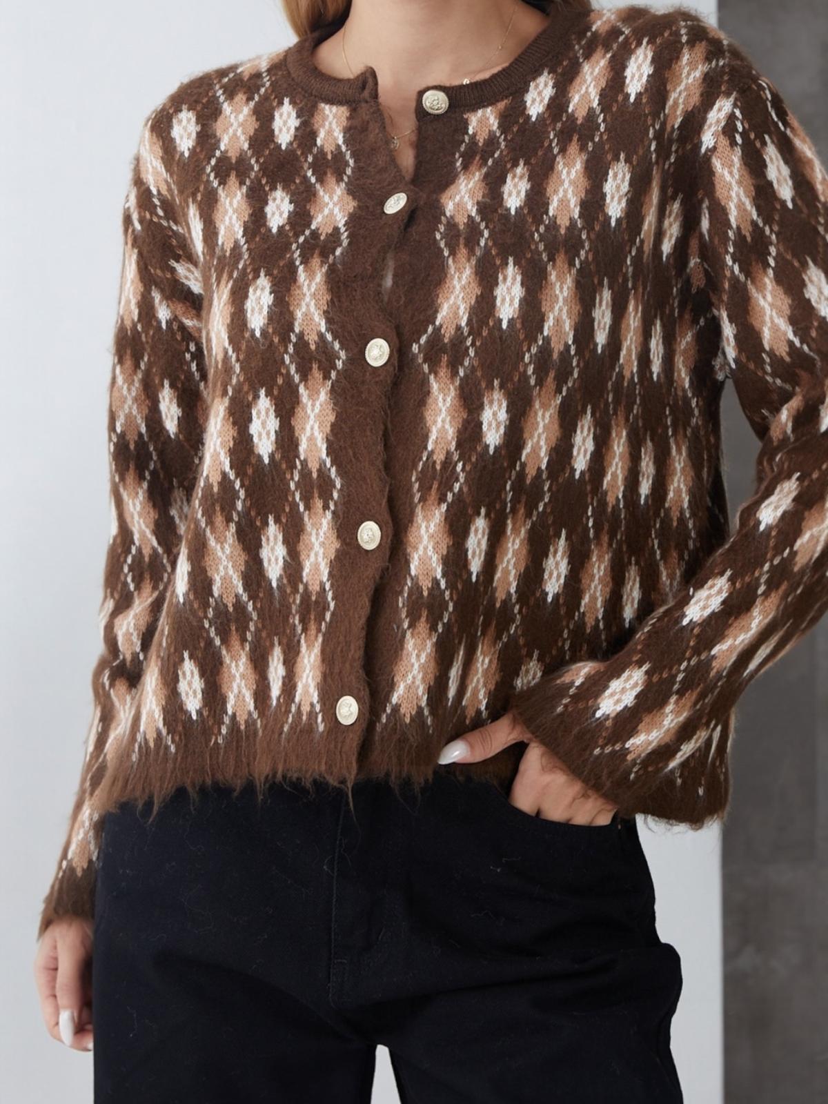 Baklava Desenli Gold Düğmeli Triko Hırka Voela - Kahve