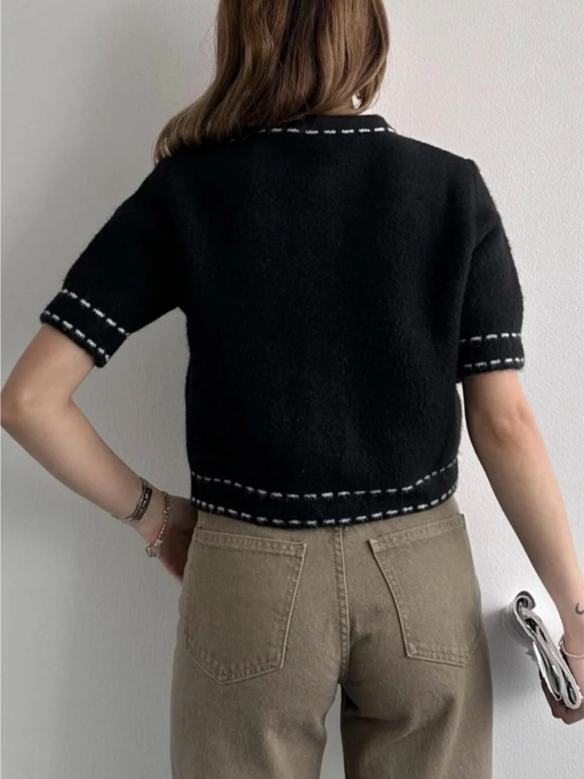 Çizgi Detaylı Düğmeli Kısa Kollu Triko Hırka Joy