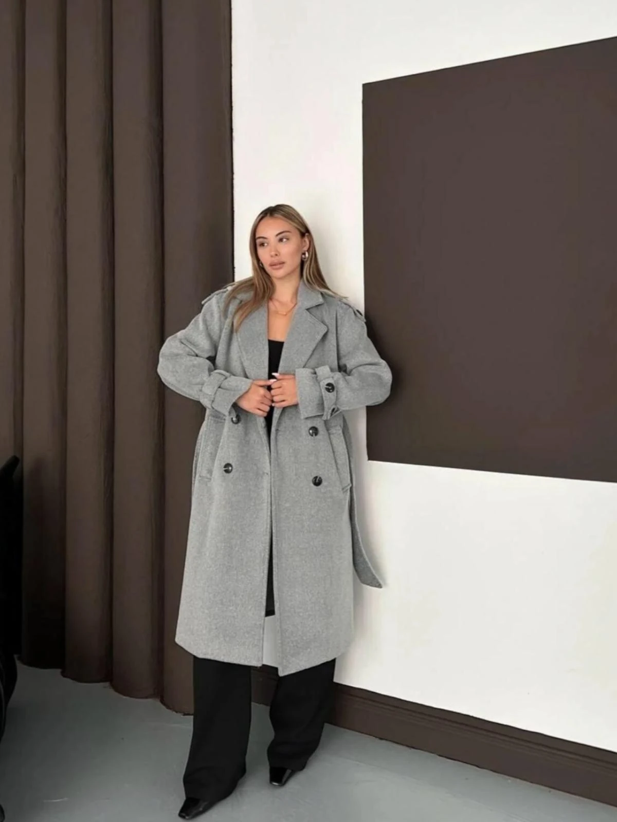 Oversize Astarlı Yumuşak Doku Kuşaklı Düğmeli Kaşe Kaban Samba - Gri