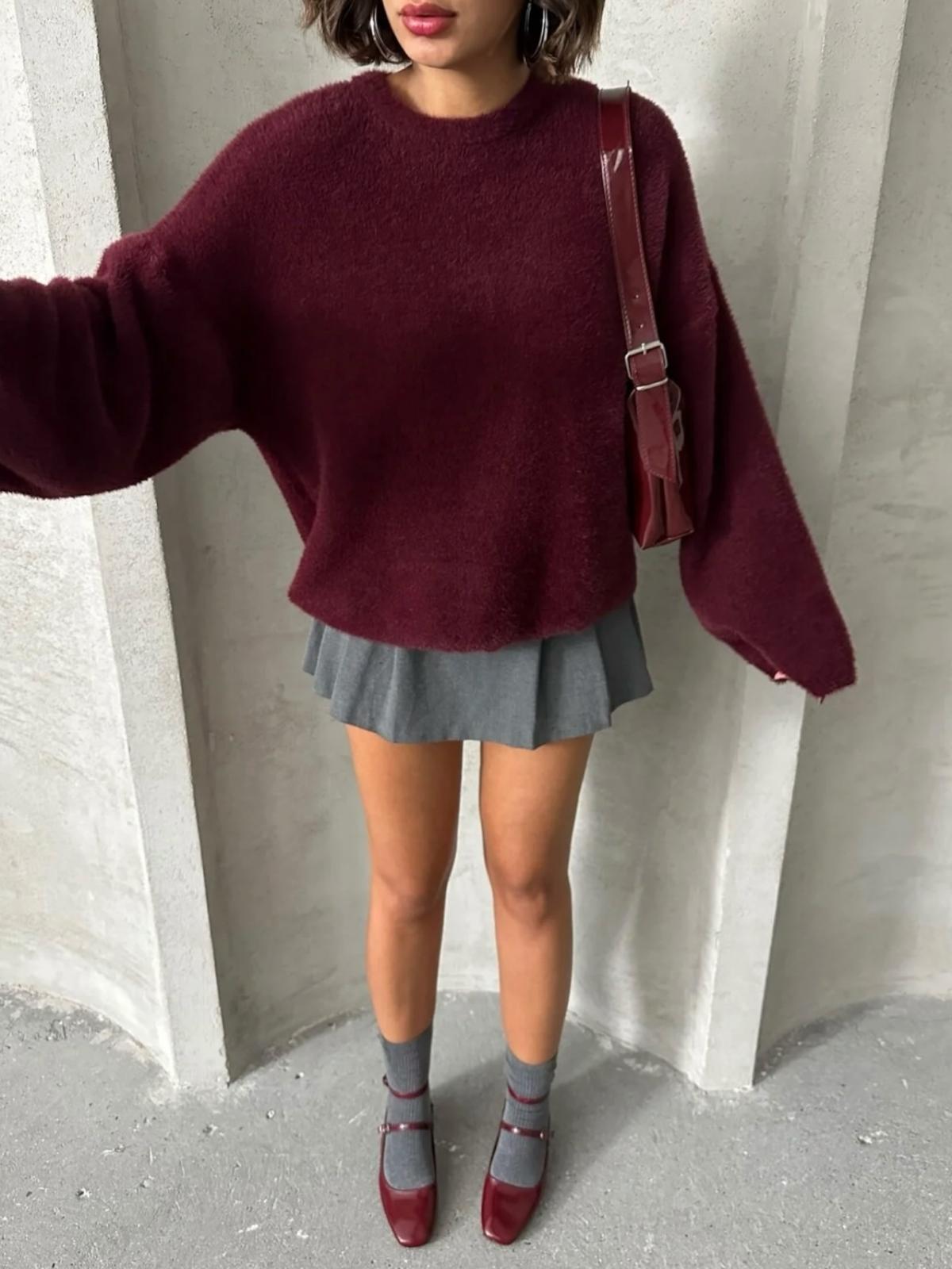 Bisiklet Yaka Yumoş İplik Kazak Mion - Bordo