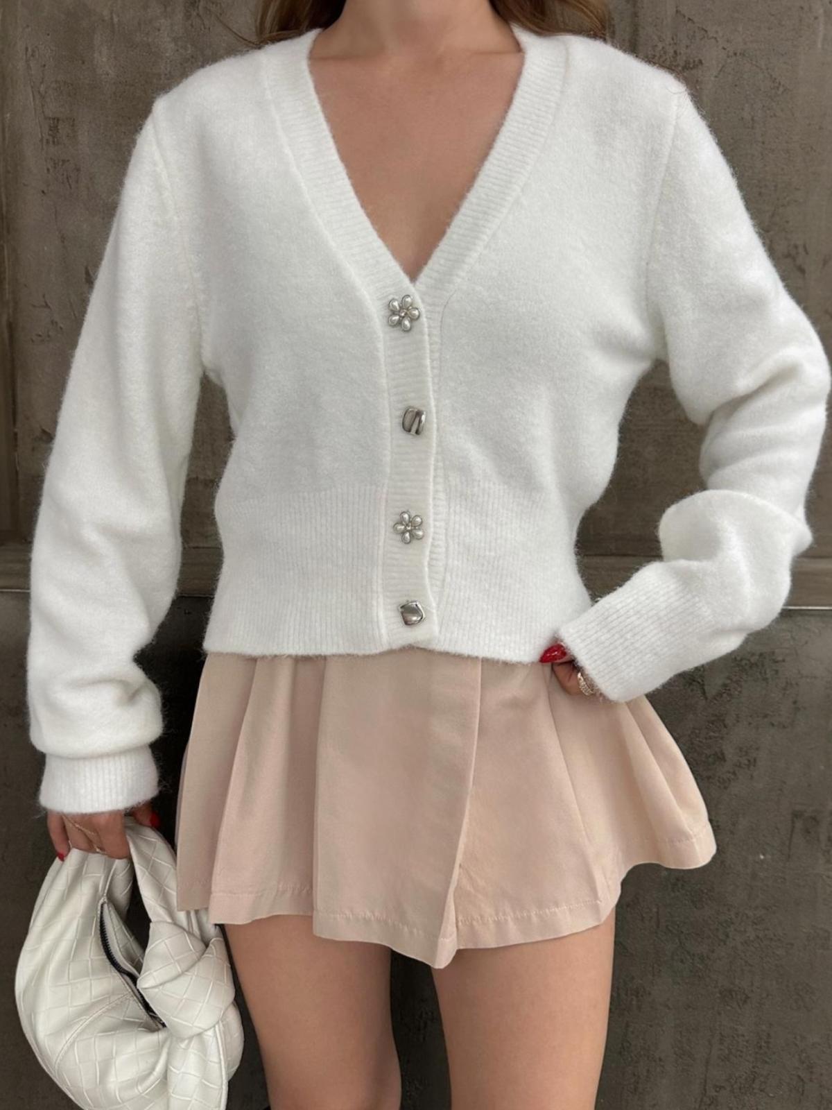 Silver Düğmeli Triko Hırka Lilia - Beyaz