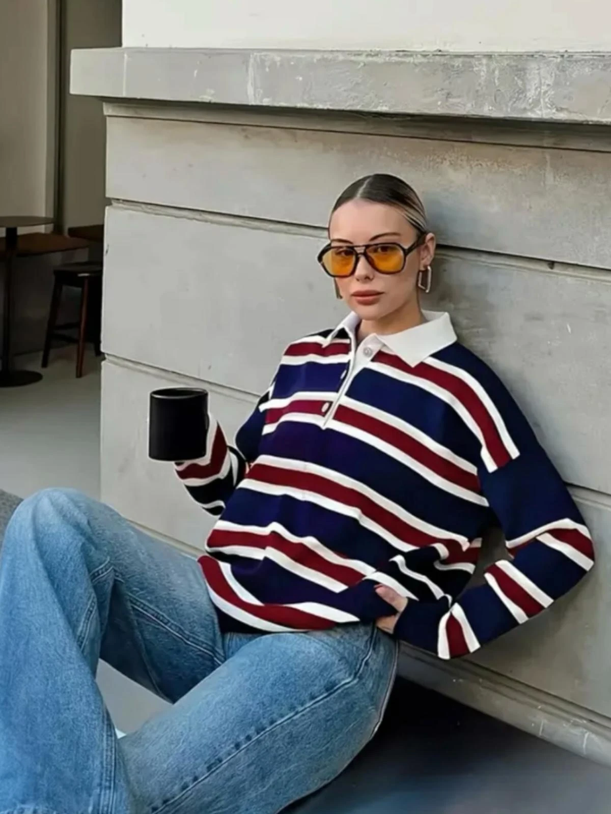 Çizgili Düğmeli Polo Yaka Triko Kazak Bordo Chery - Lacivert