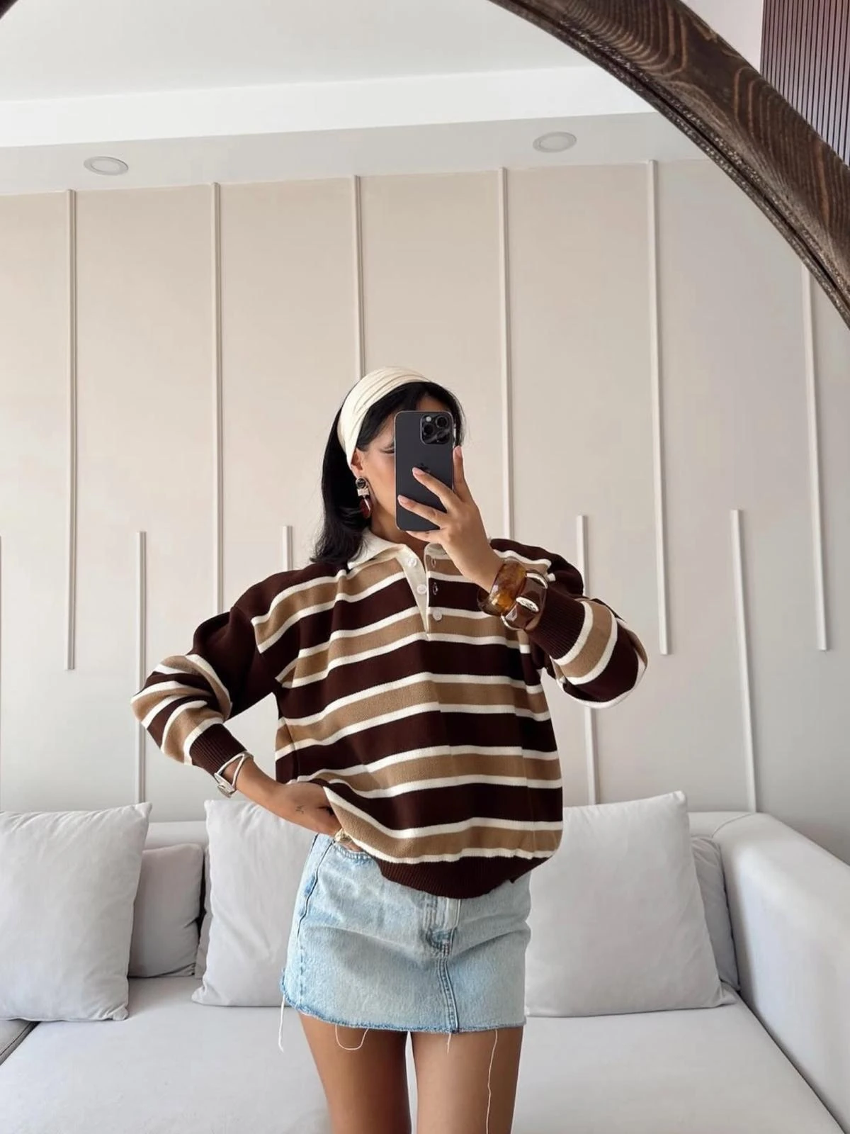 Çizgili Düğmeli Polo Yaka Triko Kazak Bordo Chery