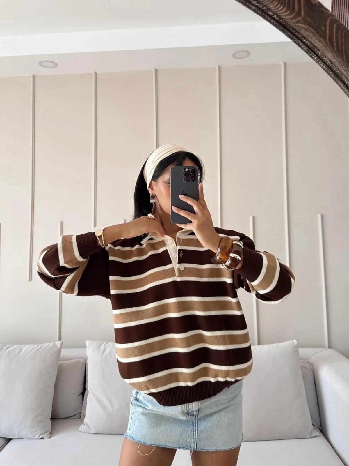 Çizgili Düğmeli Polo Yaka Triko Kazak Bordo Chery - Kahve