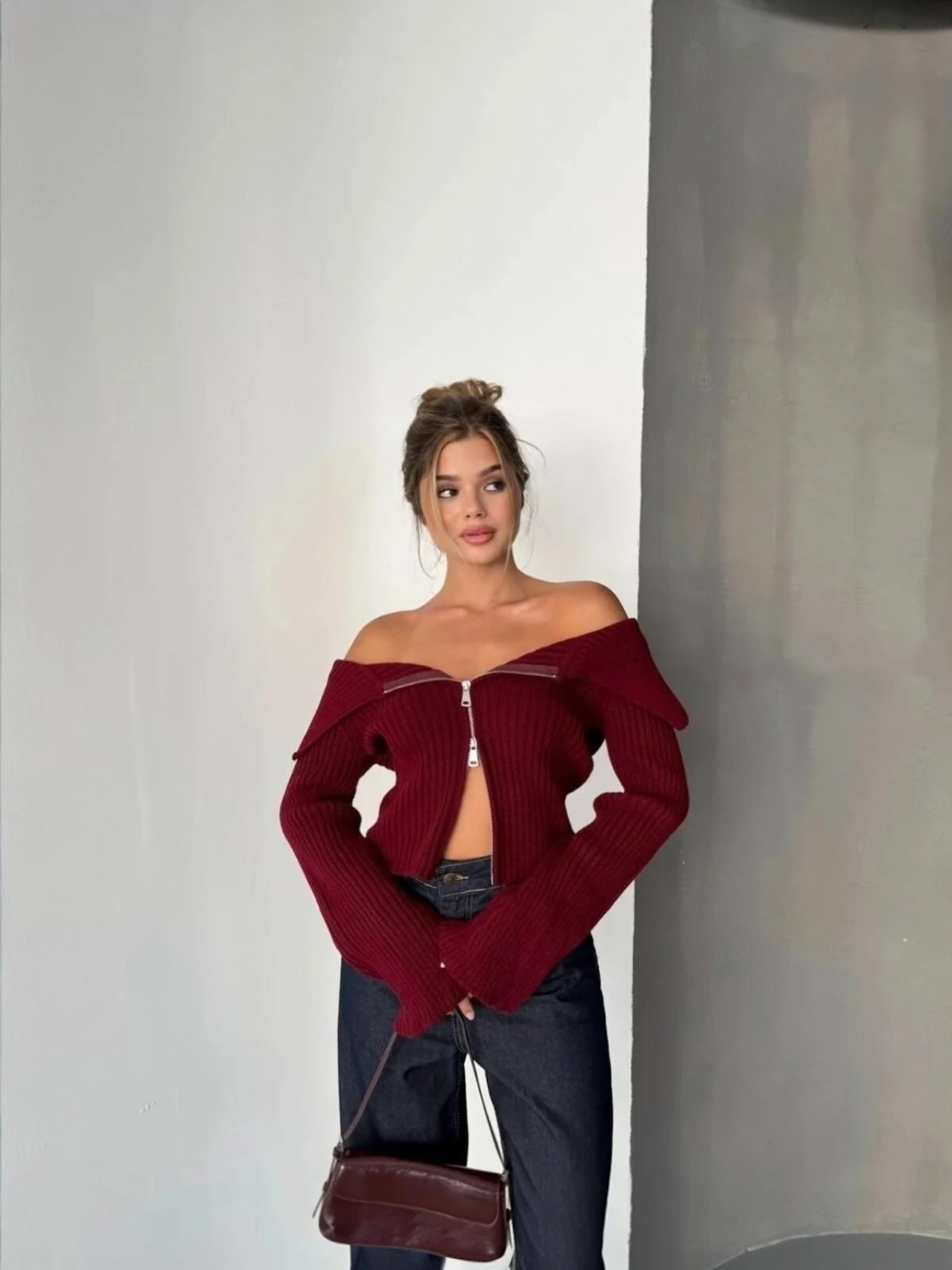 Madonna Yaka Çift Fermuarlı Triko Bella - Bordo