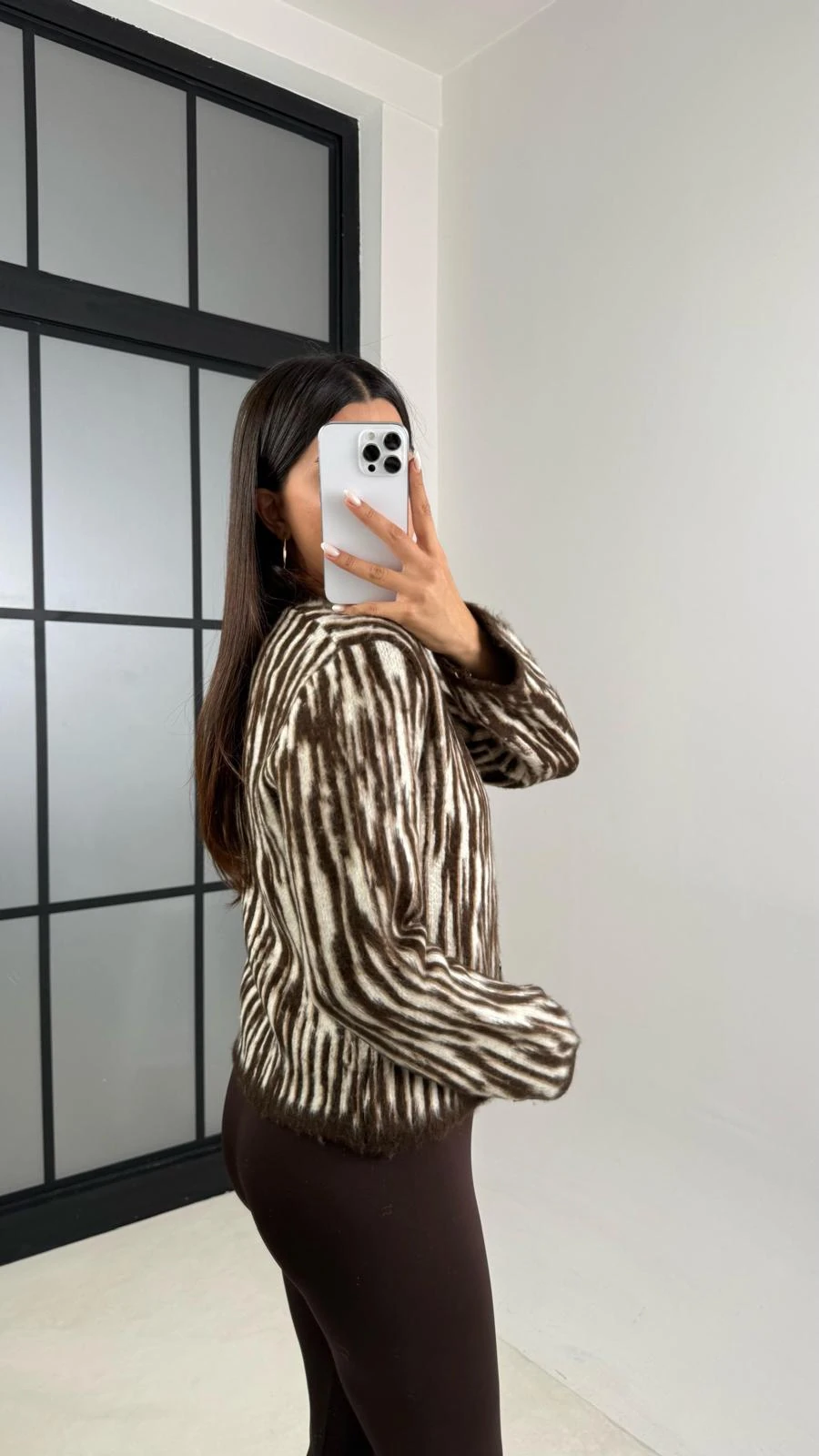 Zebra Desenli Düğmeli Triko Hırka Kahve Any