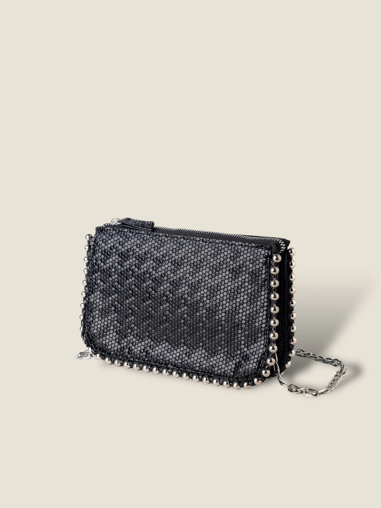 Angela Kadın Çantası Zımbalı - Simli Siyah