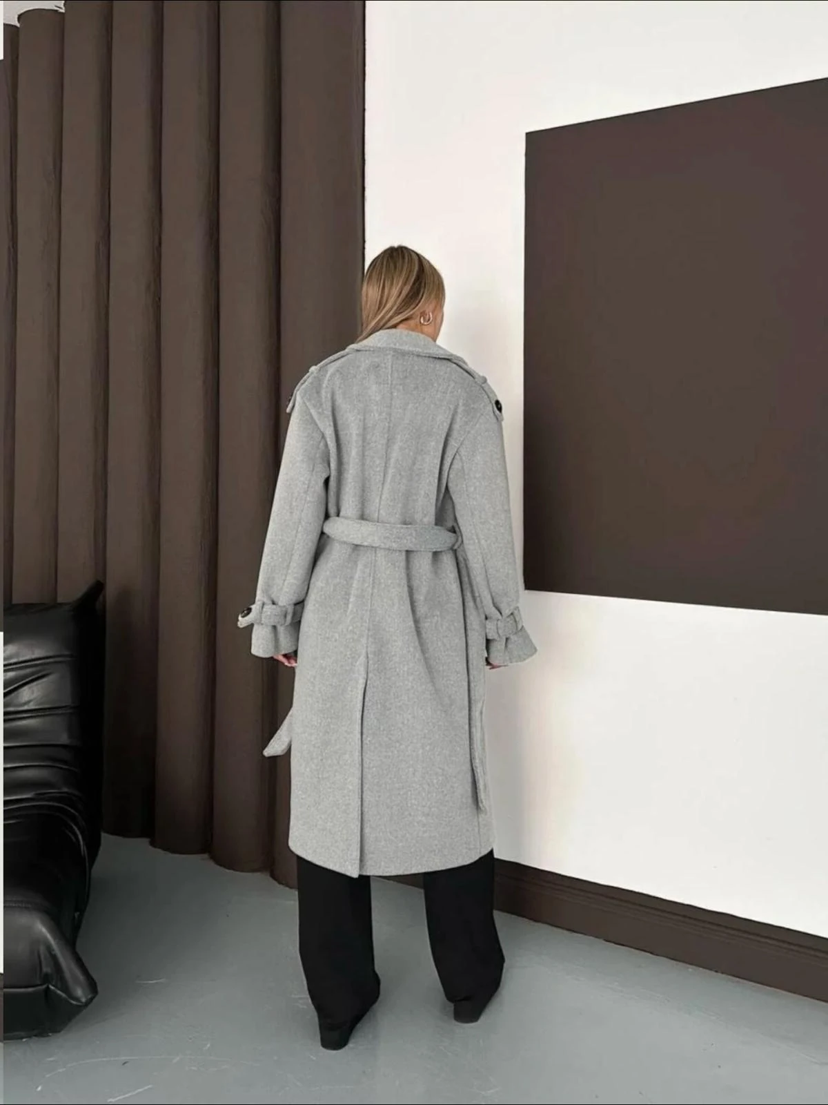 Oversize Astarlı Yumuşak Doku Kuşaklı Düğmeli Kaşe Kaban Samba