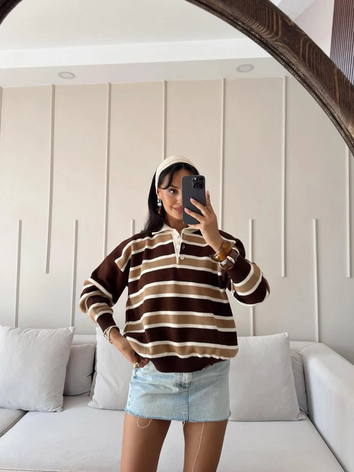 Çizgili Düğmeli Polo Yaka Triko Kazak Bordo Chery