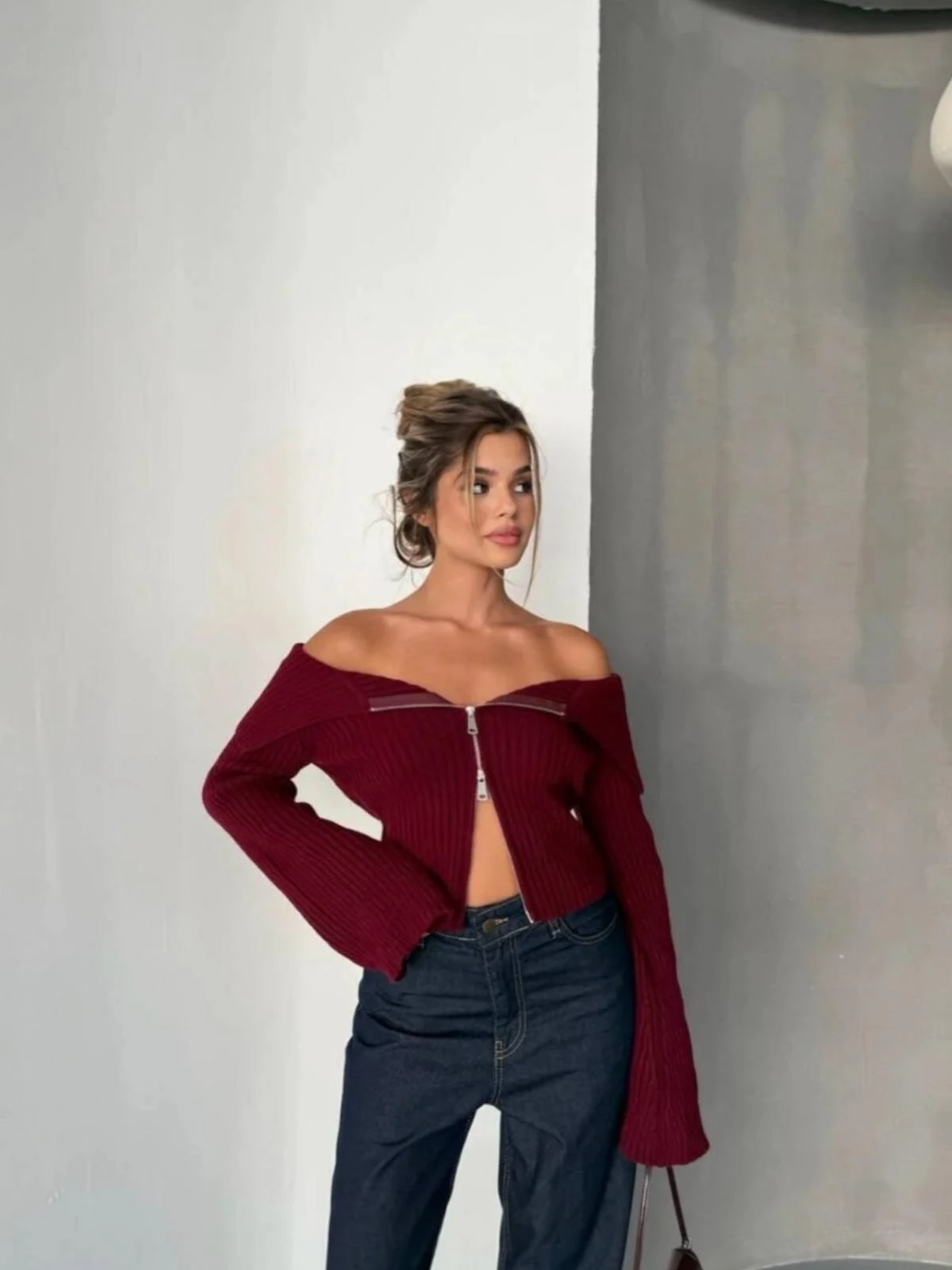 Madonna Yaka Çift Fermuarlı Triko Bella