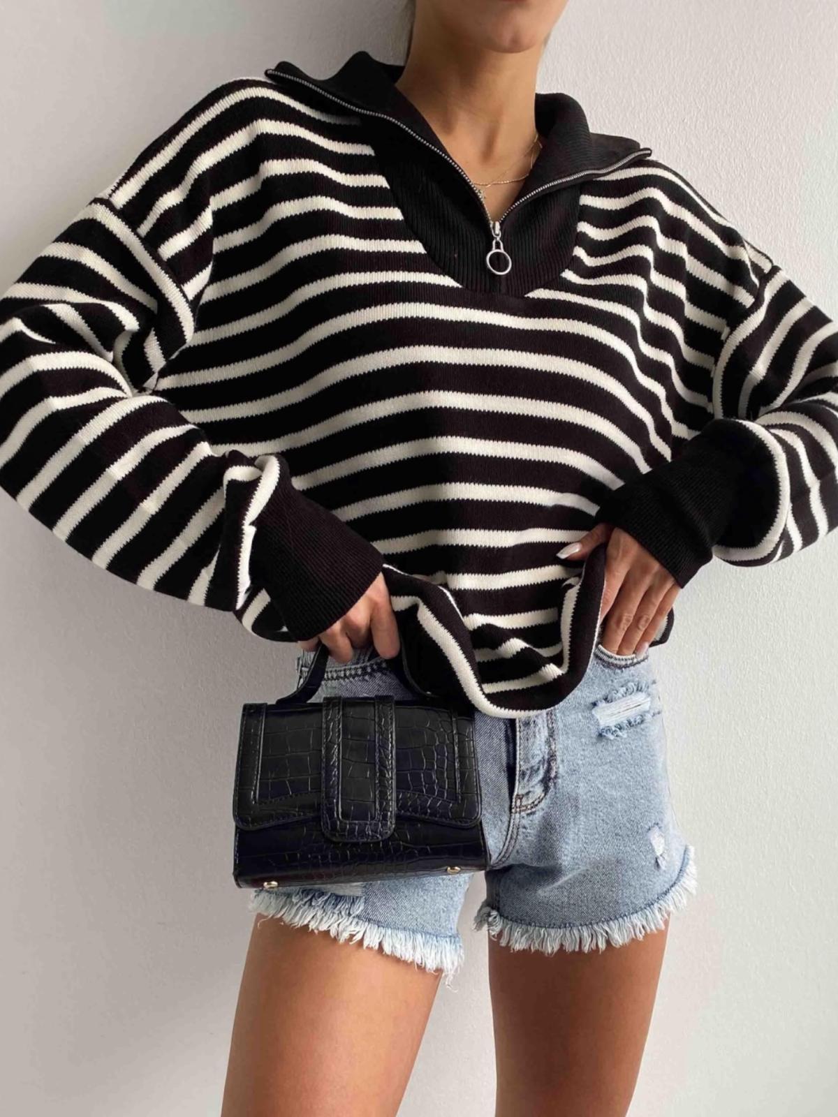 Çizgili Fermuarlı Kazak Weln