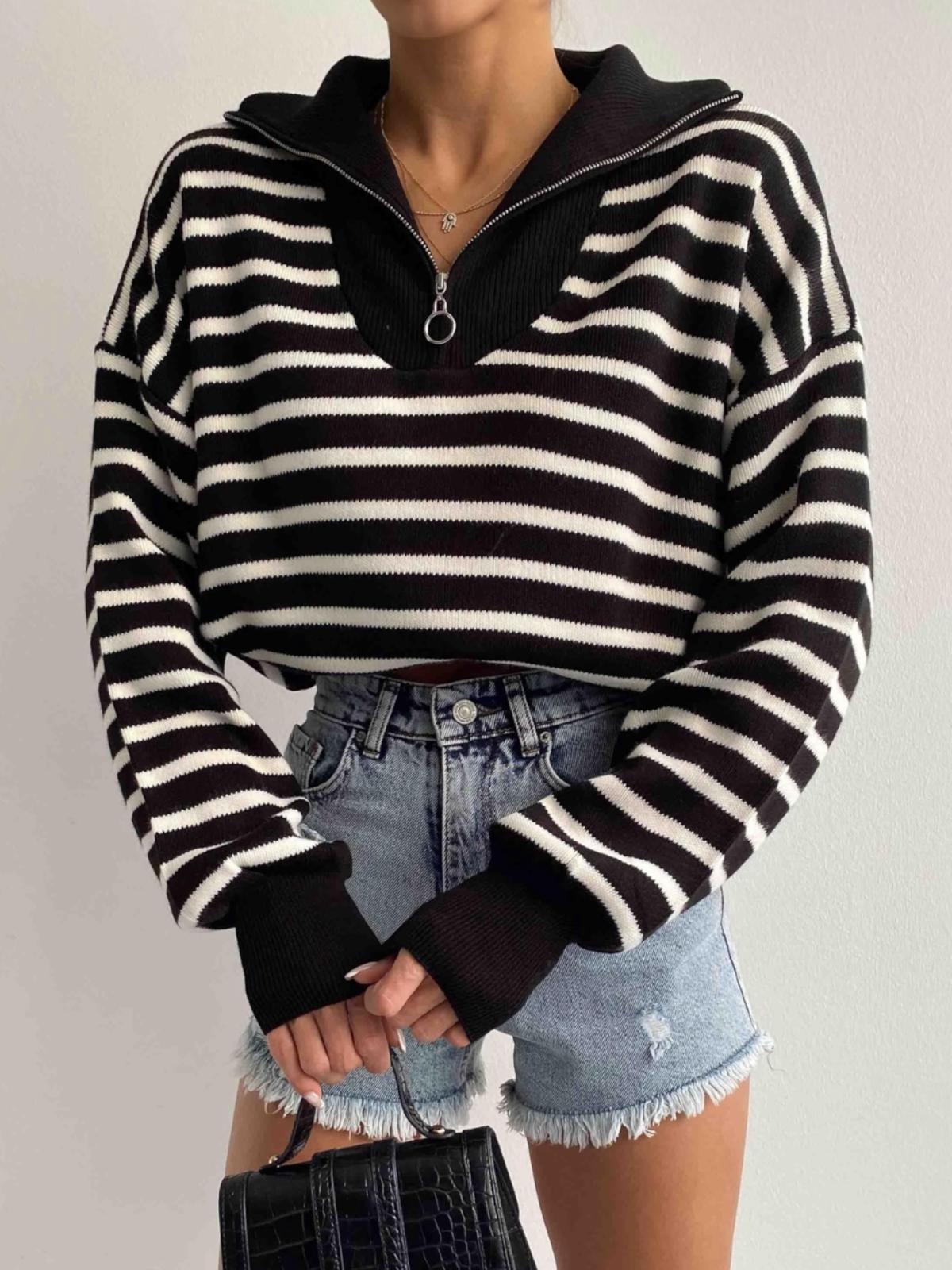 Çizgili Fermuarlı Kazak Weln - Siyah