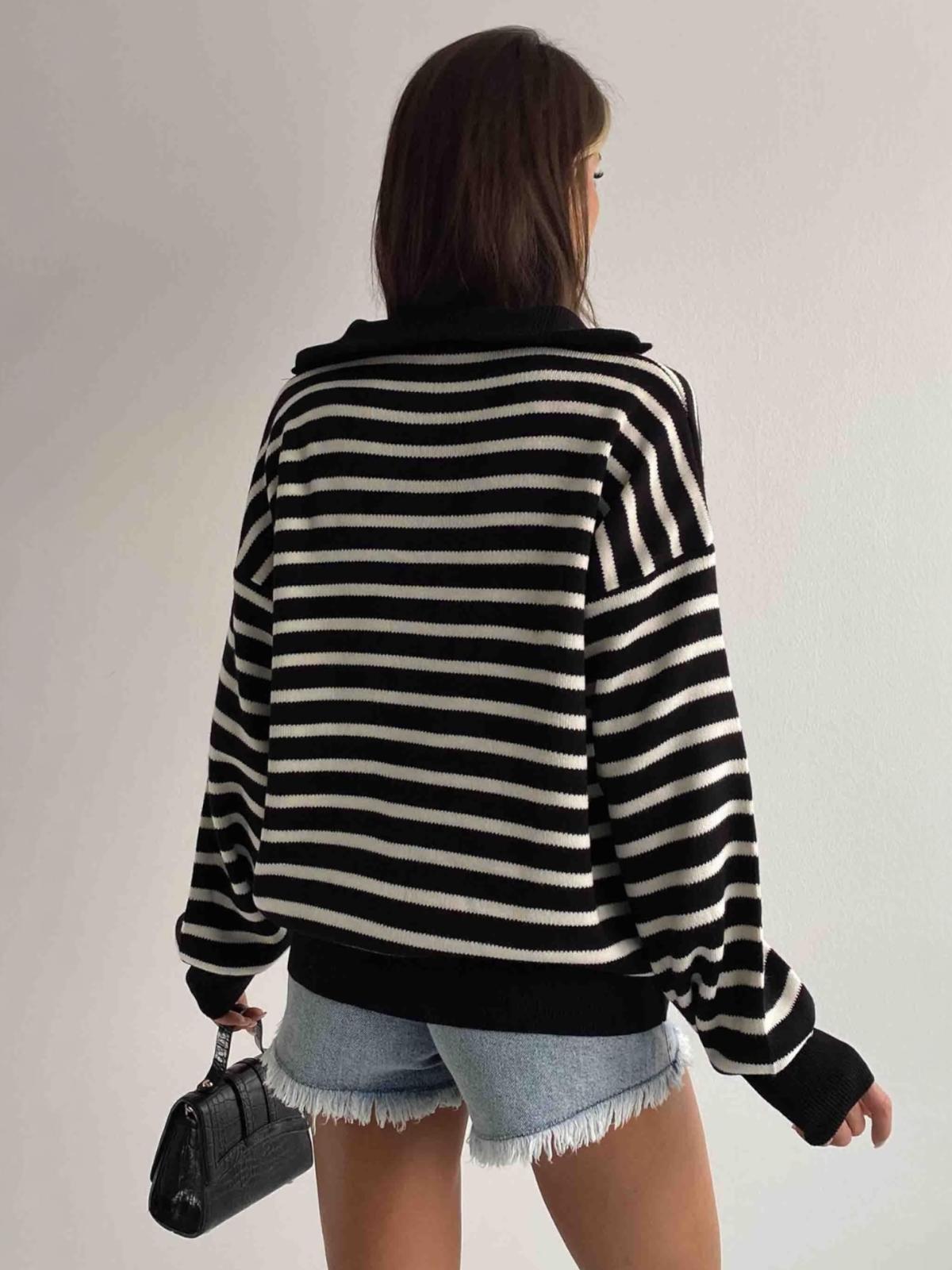 Çizgili Fermuarlı Kazak Weln