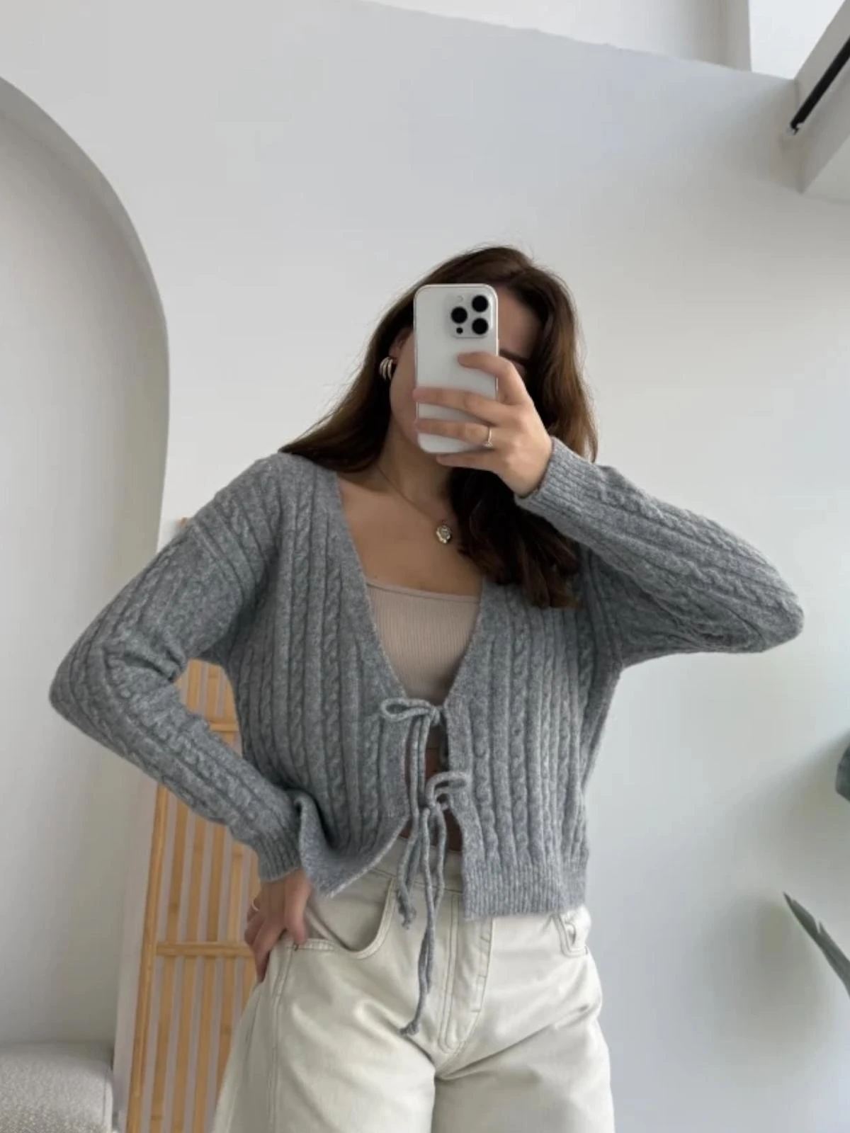 Bağcıklı Crop Hırka Zuzu - Gri