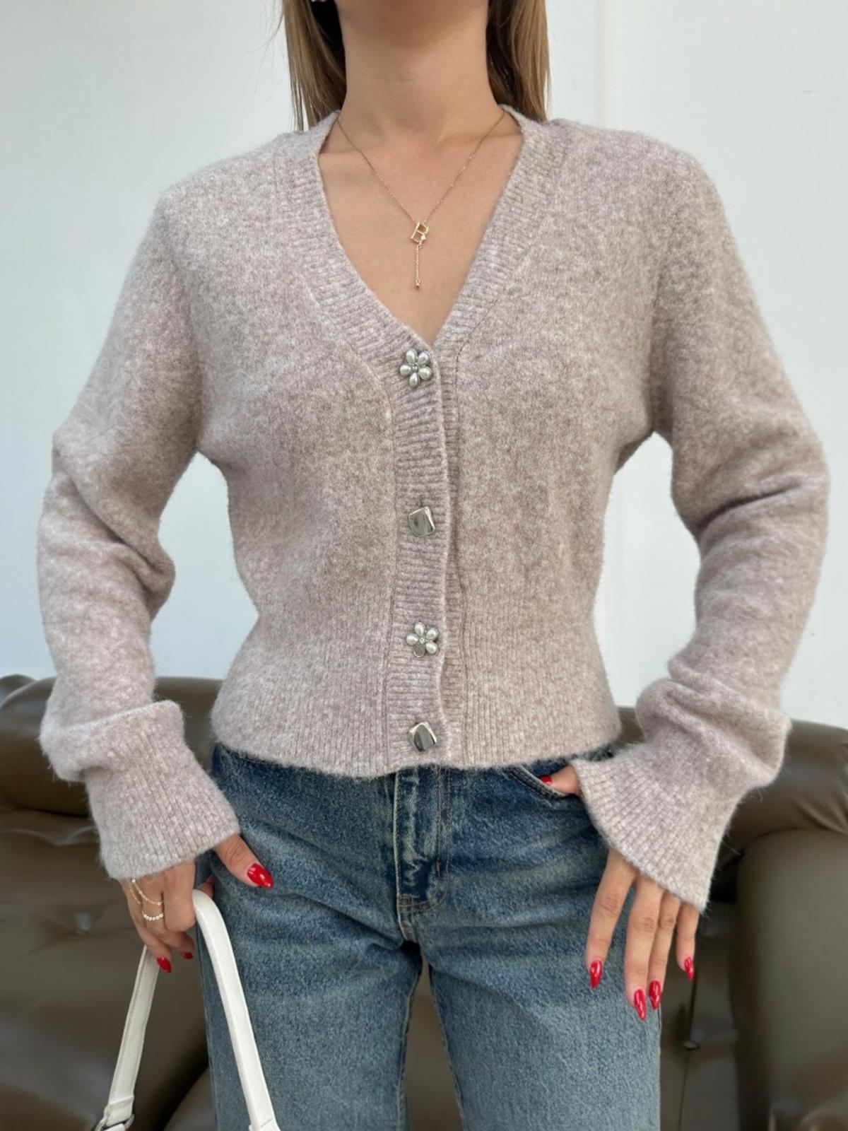 Silver Düğmeli Triko Hırka Lilia - Vizon