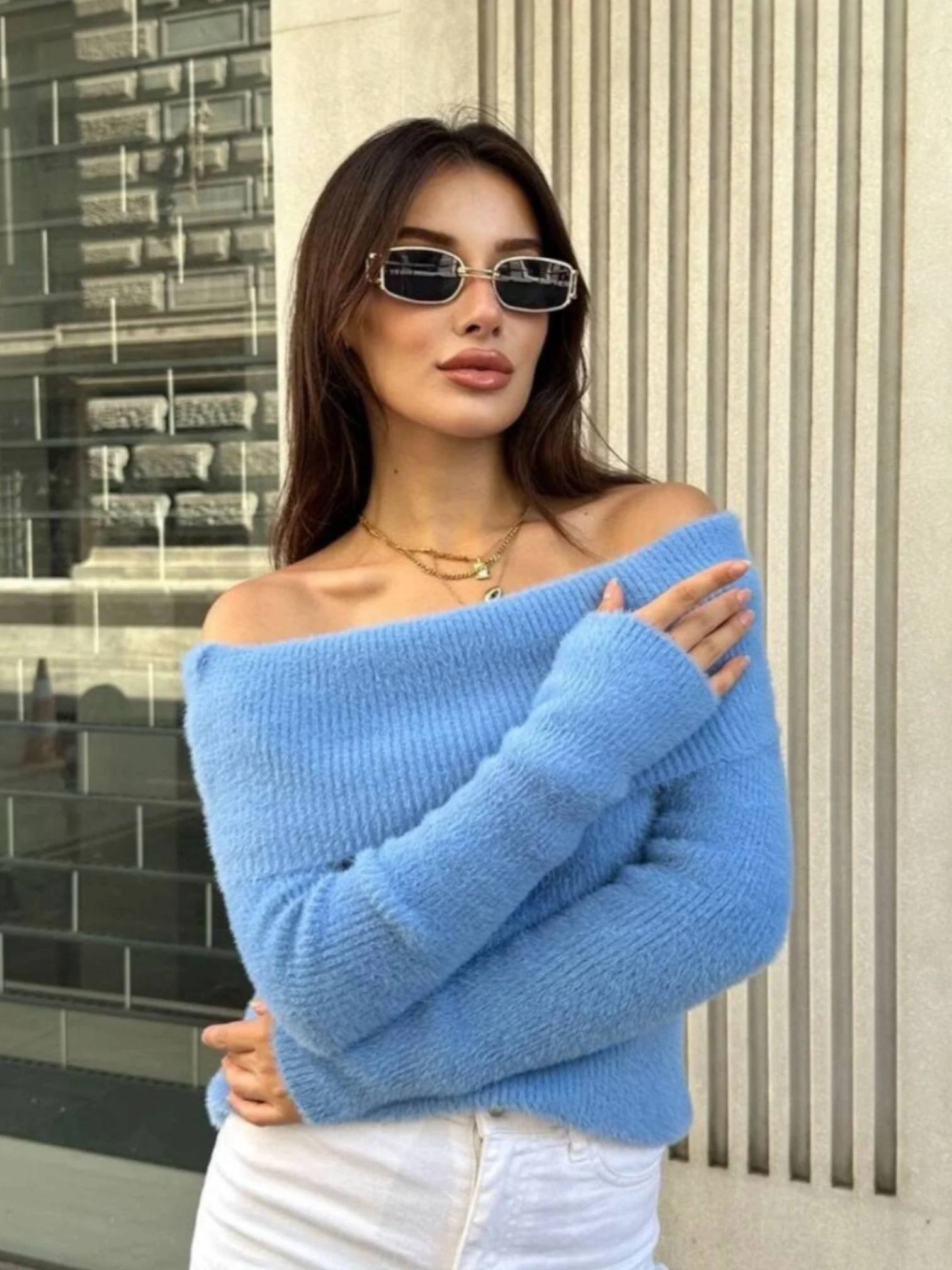 Madonna Yaka Yumoş İplik Triko Kazak Boby - Mavi