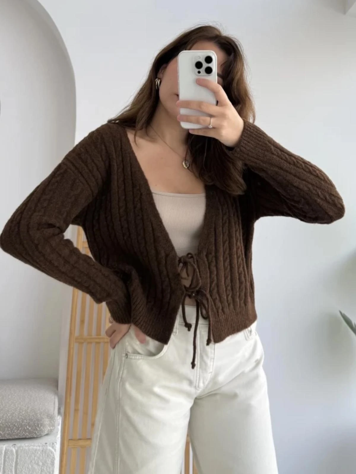 Bağcıklı Crop Hırka Zuzu - Kahve