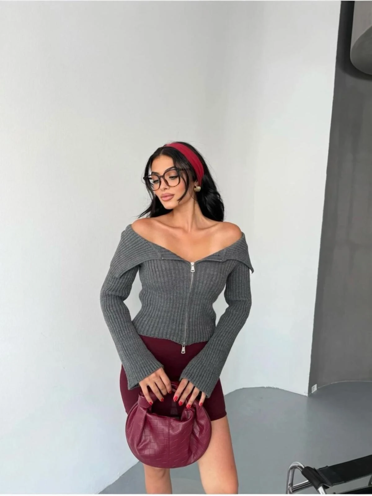 Madonna Yaka Çift Fermuarlı Triko Bella - Gri