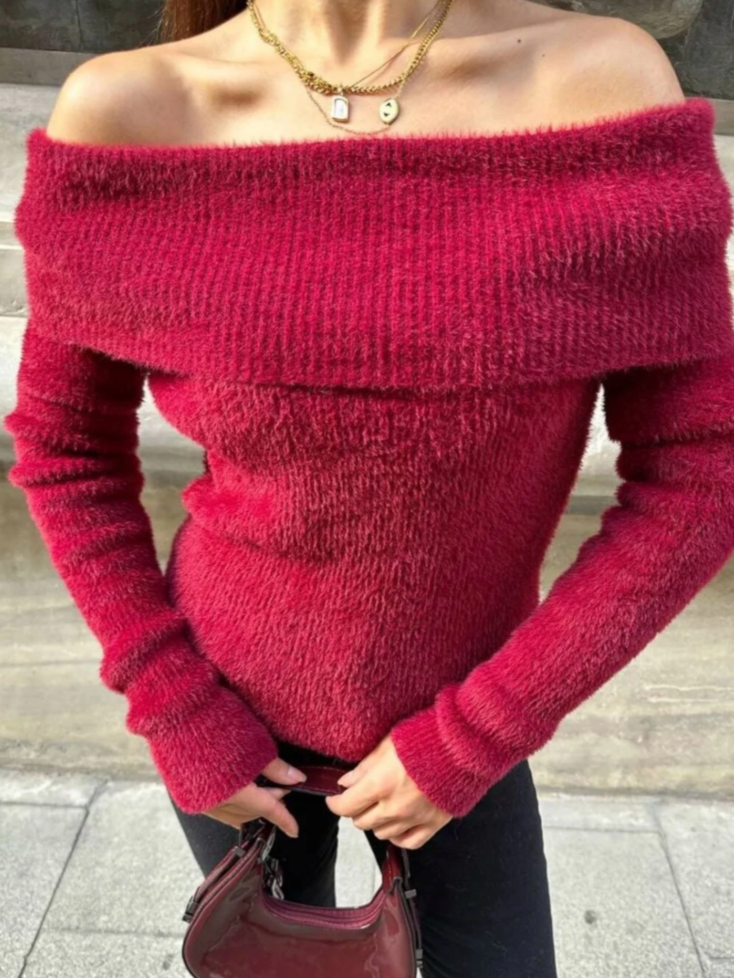 Madonna Yaka Yumoş İplik Triko Kazak Boby - Bordo