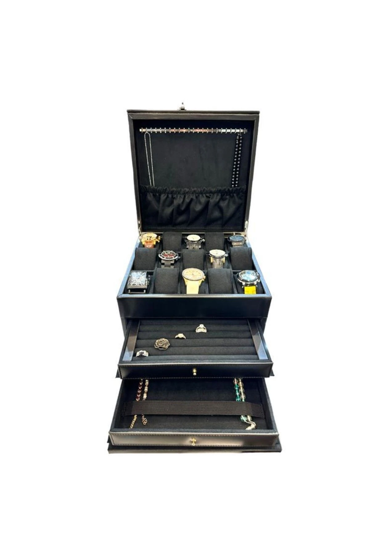 Diplomat Model Çekmeceli Camsız 15'li Saat Ve Yüzük Tesbih Kutusu Siyah