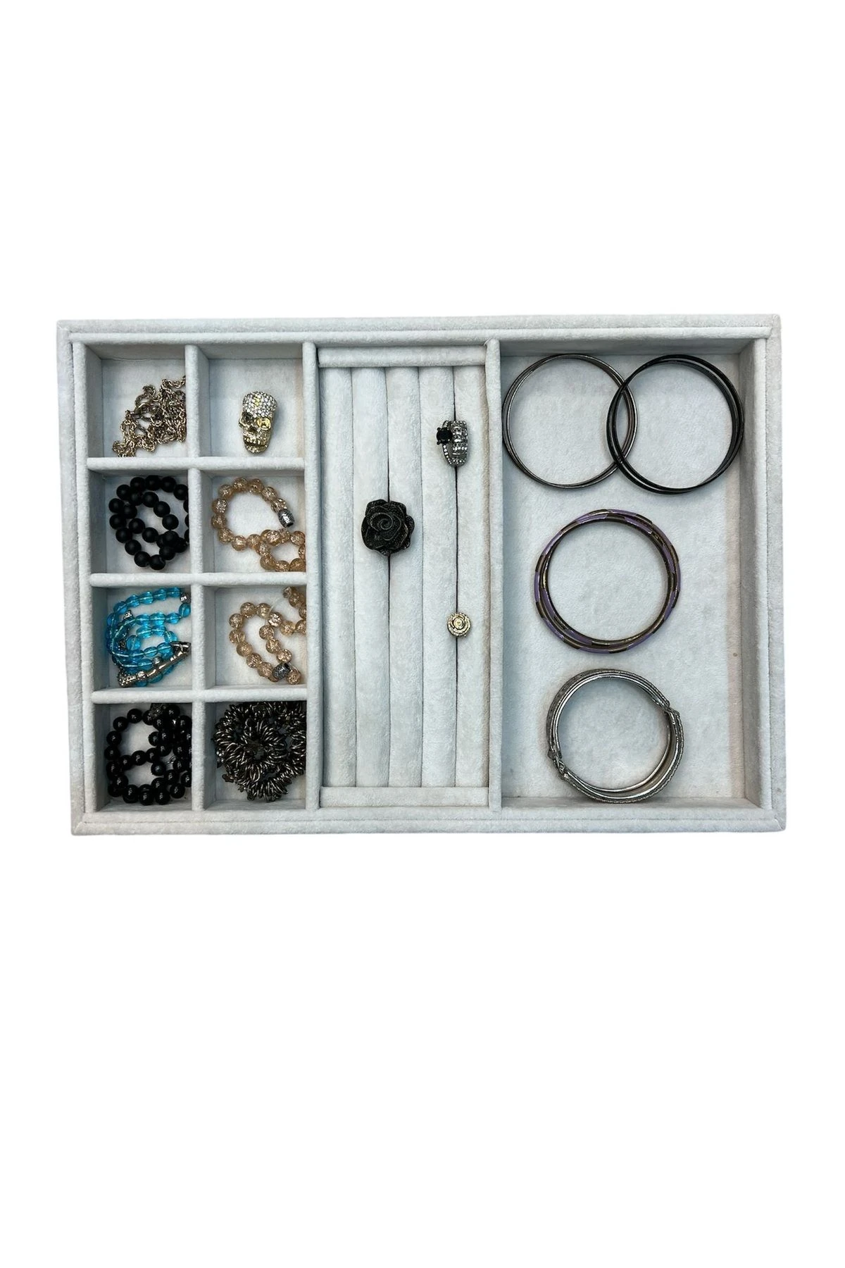 Takı Tablası Kombin Model, Çok amaçlı Takı Düzenleyici. Ahşap Üzeri Süet Kaplama Krem Rengi No:3