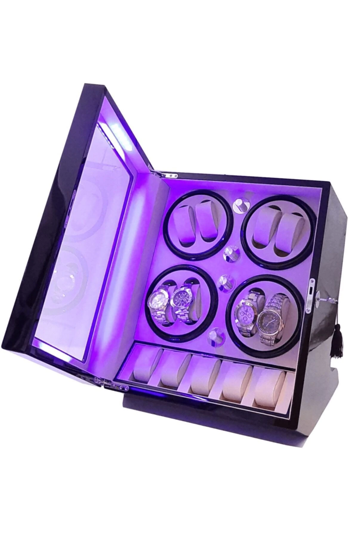 Otomatik Saat Kurma Kutusu, piano black, siyah, krem, LED Aydınlatmalı