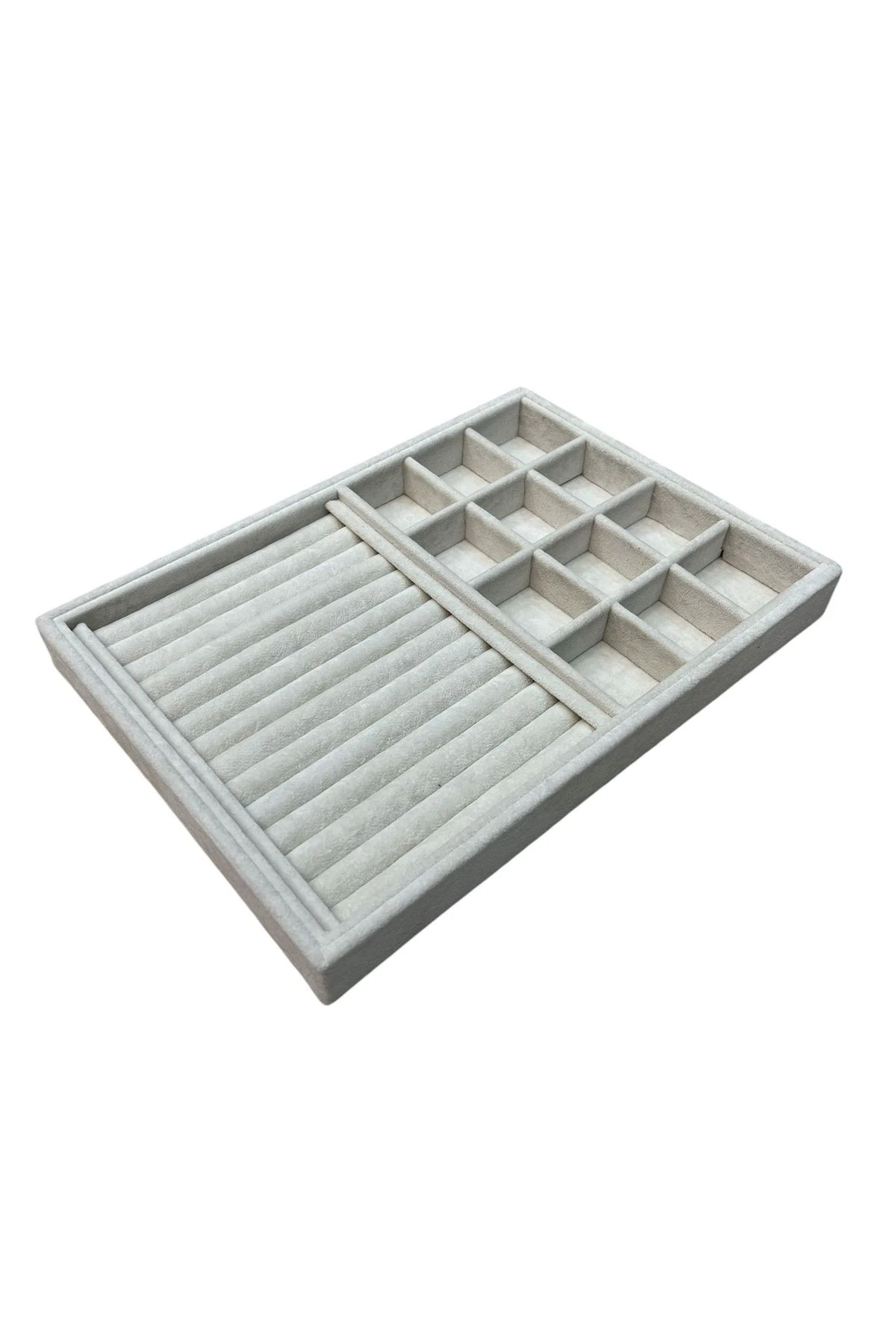 Takı Tablası Kombin Model, Çok amaçlı Takı Düzenleyici. Ahşap Üzeri Süet Kaplama Krem Rengi.