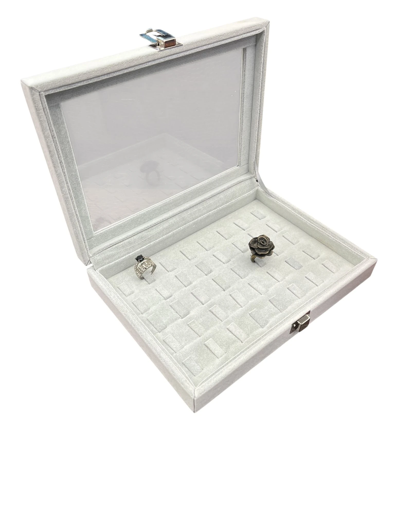 Cam Kapaklı Çok Bölmeli Sosis Model Yüzük Kutusu- Alcantara Gri