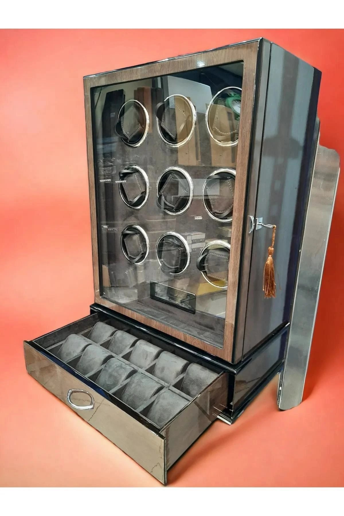 Otomatik Saat Kurma Kutusu, 10, piano black, gray