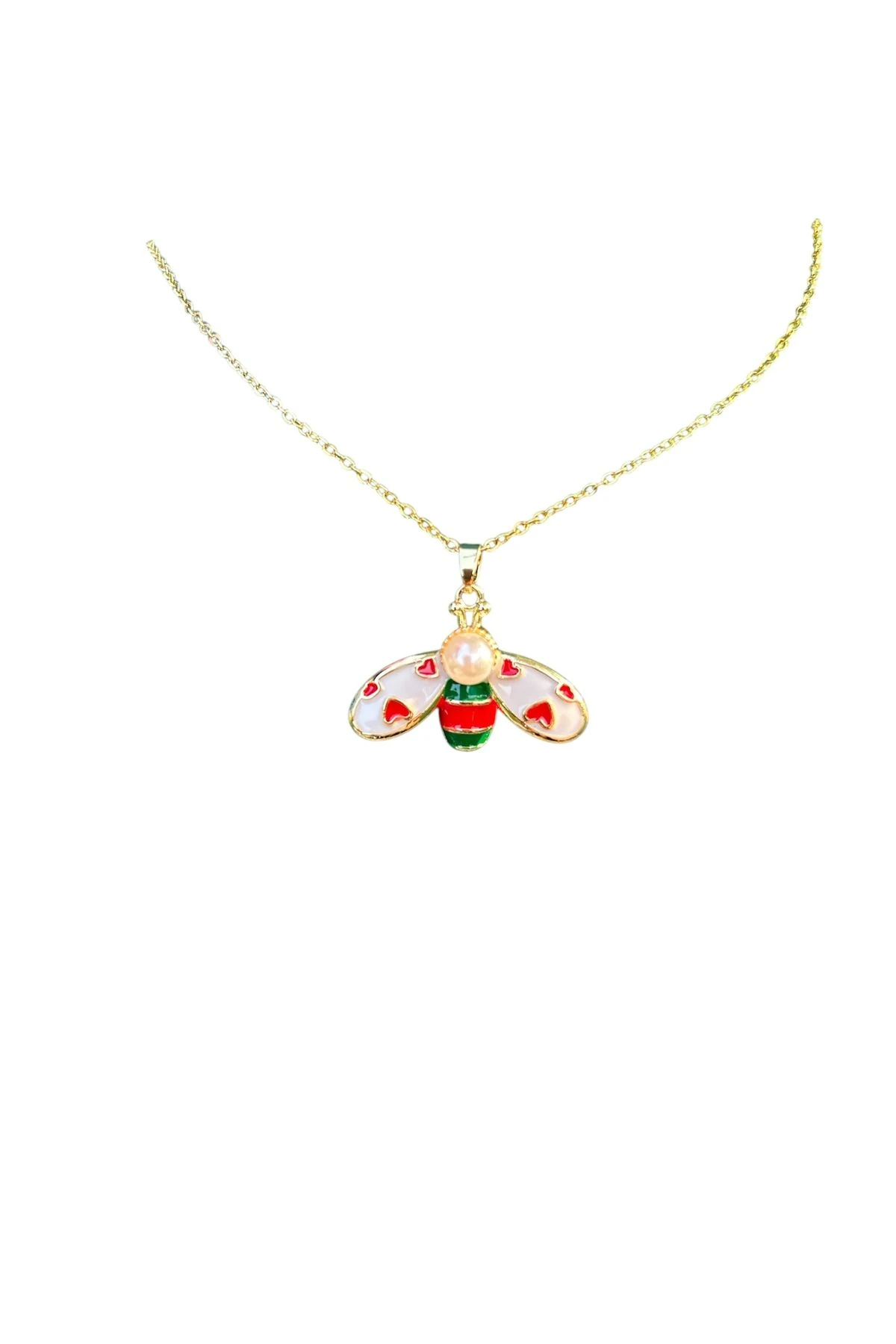 Kalpli Arı Figürlü Renkli Gold Kolye – Emaye Detaylı, Kararmaz Çelik
