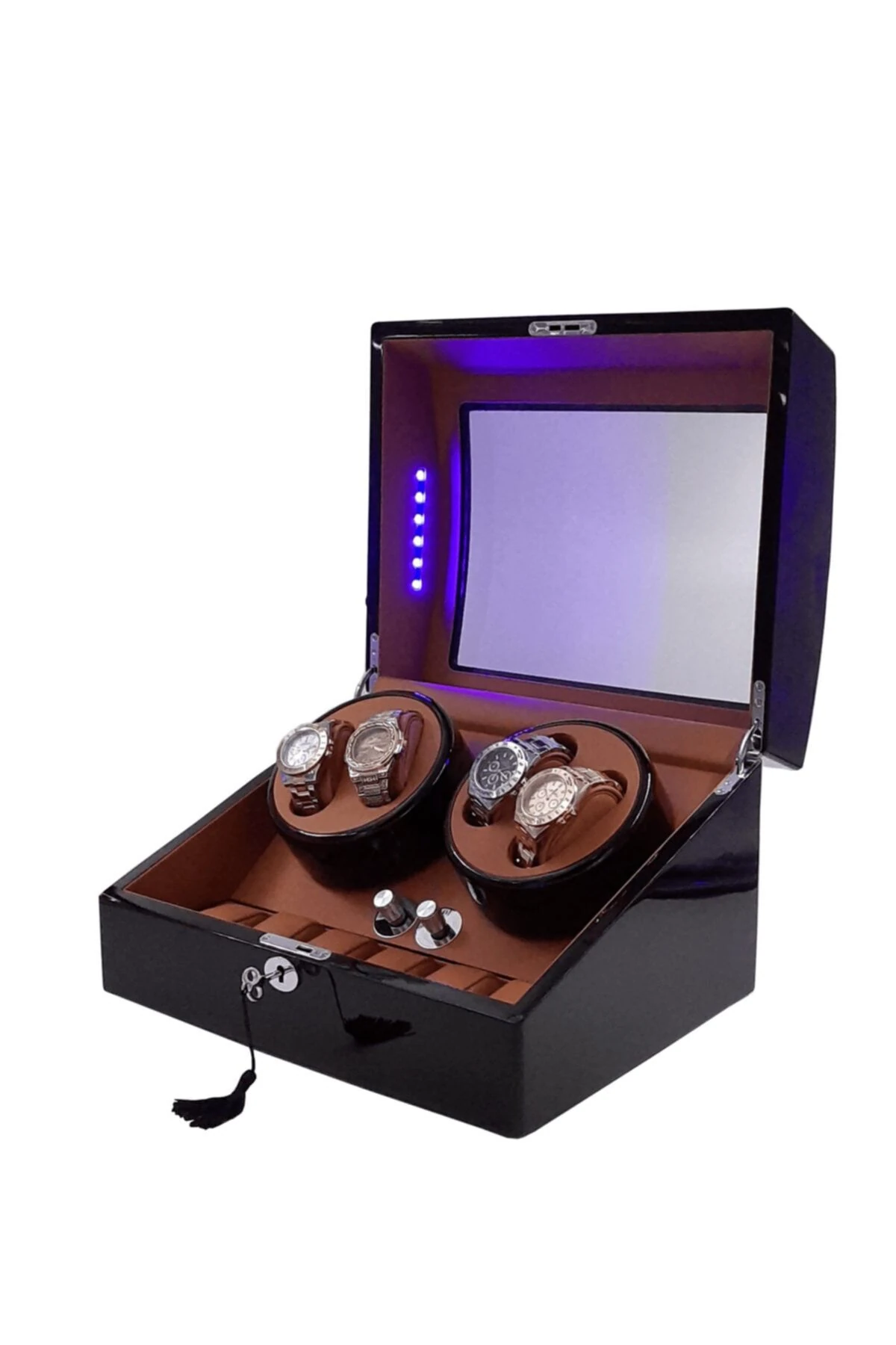 Otomatik Saat Kurma Kutusu, 4+6, piano brown, kahve, taba, LED Aydınlatmalı