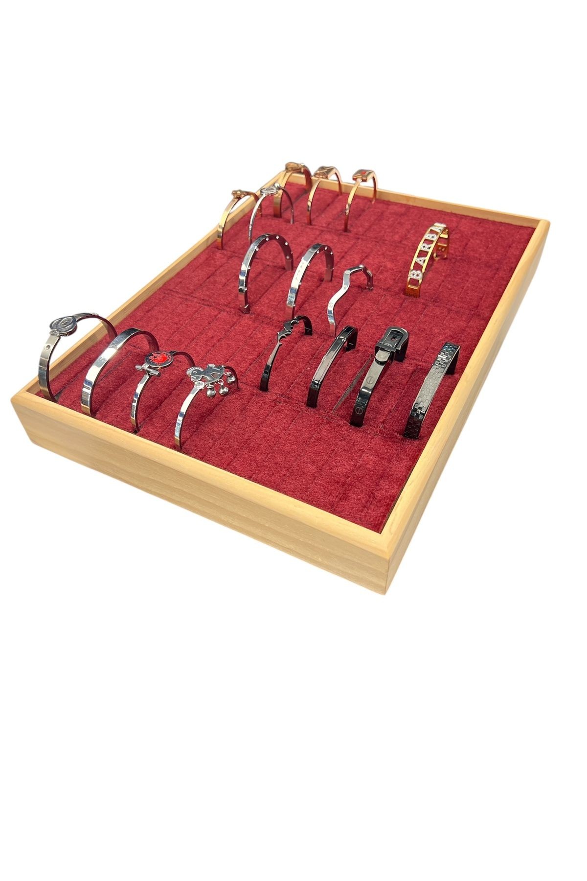 Kelepçe Bilezik Teşhir Tablasi Ahşap Çerçeveli (34,5x24,5x4,5cm) Ahşap Kırmızı