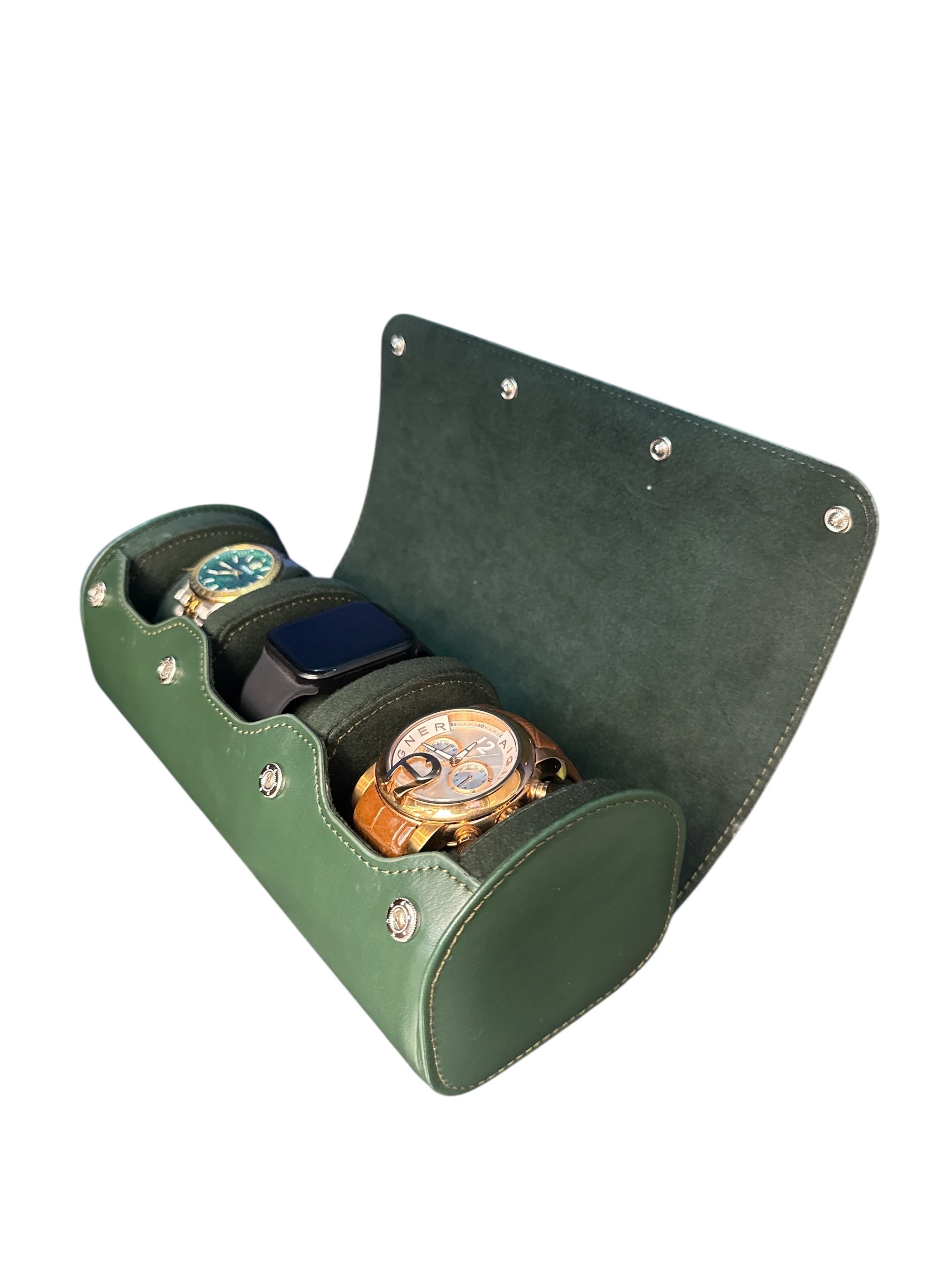 3’lü Çıtçıtlı Saat ve Takı Kutusu – Pull Up Suni Deri, El Yapımı Özel Yastıklı Tasarım Yeşil