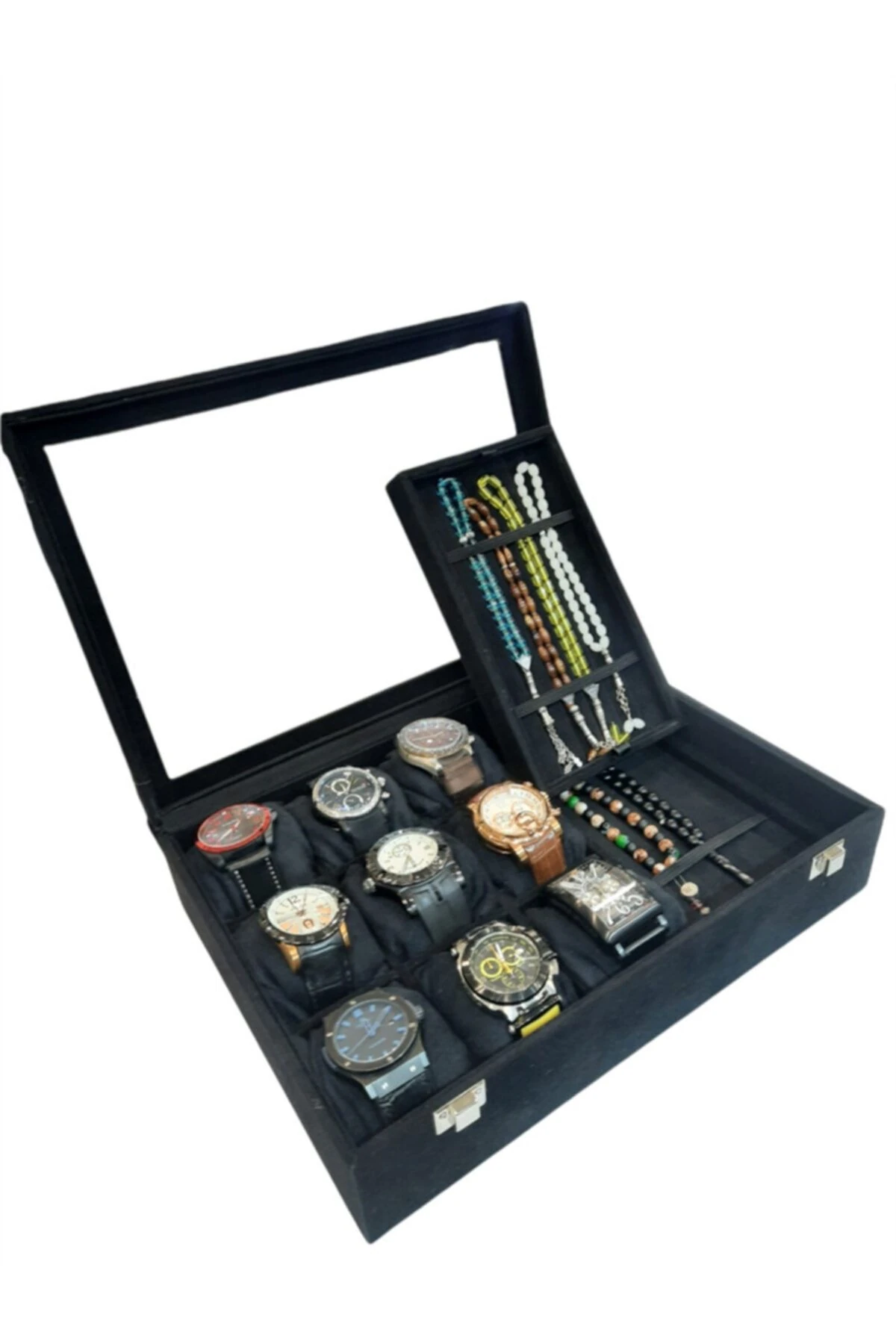 Saat Ve Tesbih Kutusu 9+ Tesbih Bölmeli Alcantara Siyah