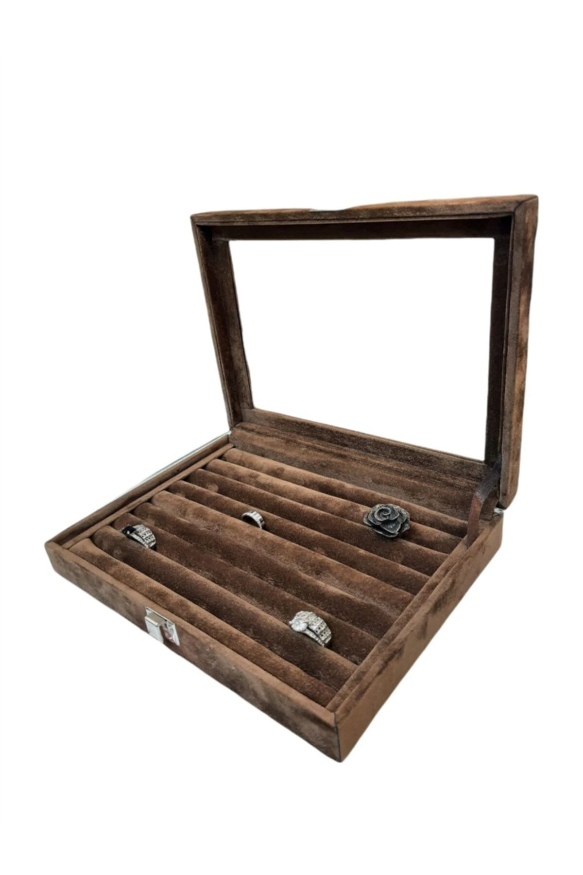 Yüzük Kutusu Sosis Model Camlı Alcantara Kahve 17*24