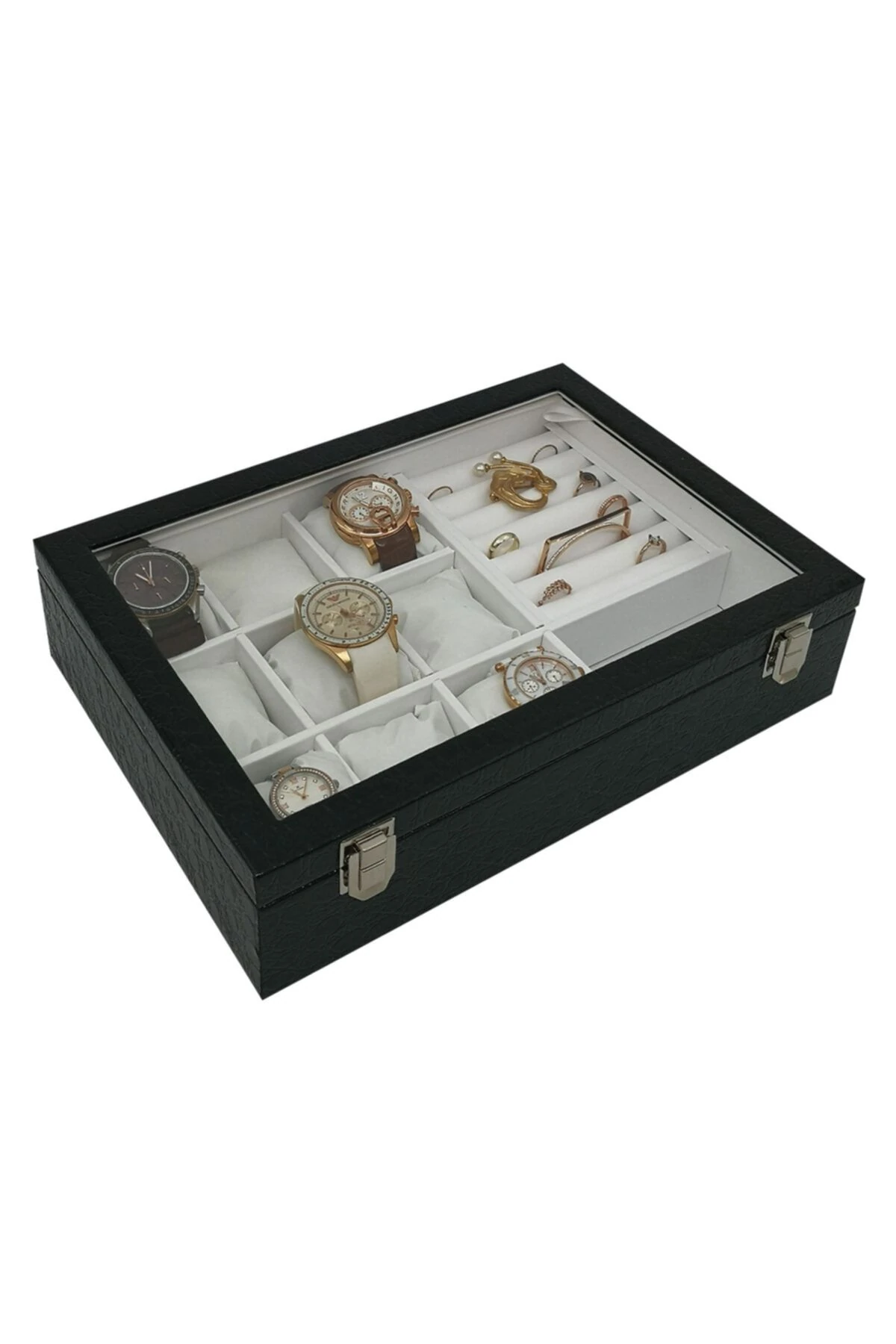 Saat Ve Yüzük Kutusu 9+takı Siyah Rugan Içi Beyaz