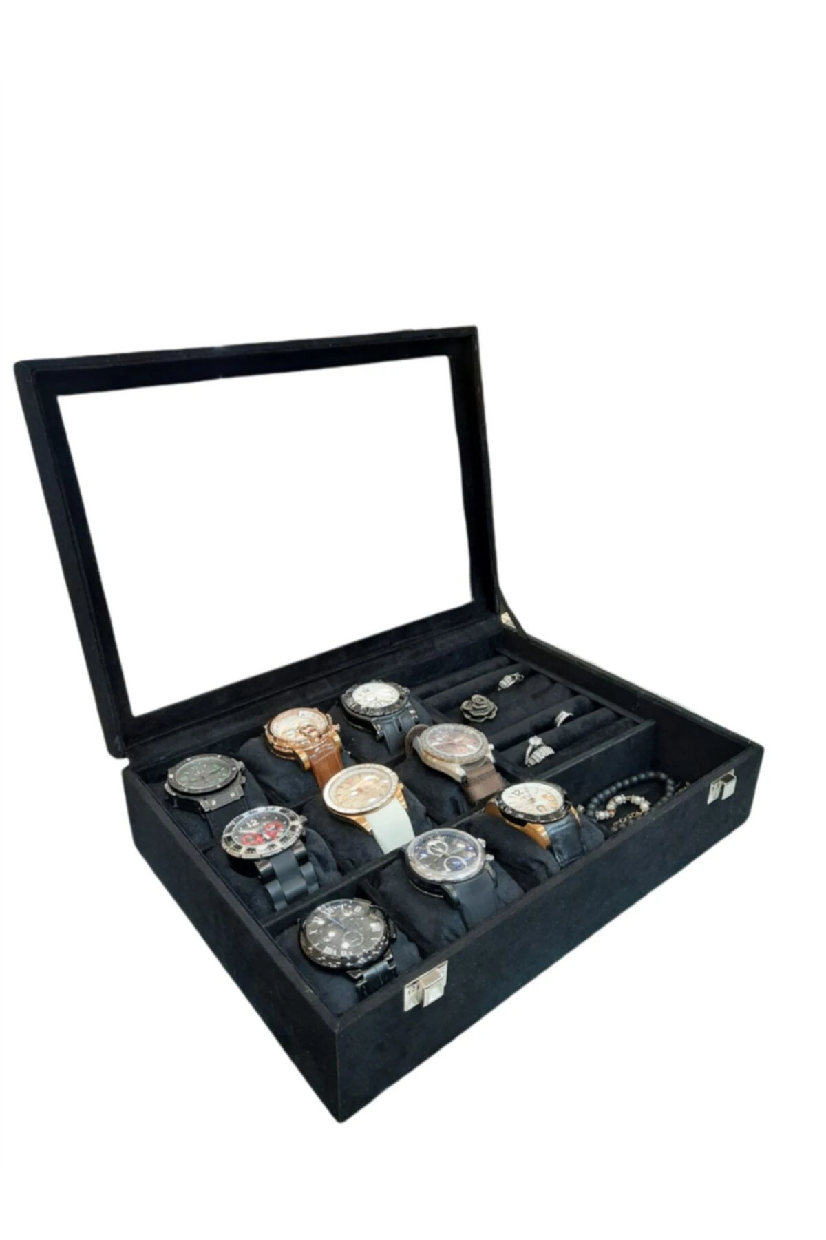 Saat Kutusu 9'lu Takı Bölmeli Alcantara Siyah