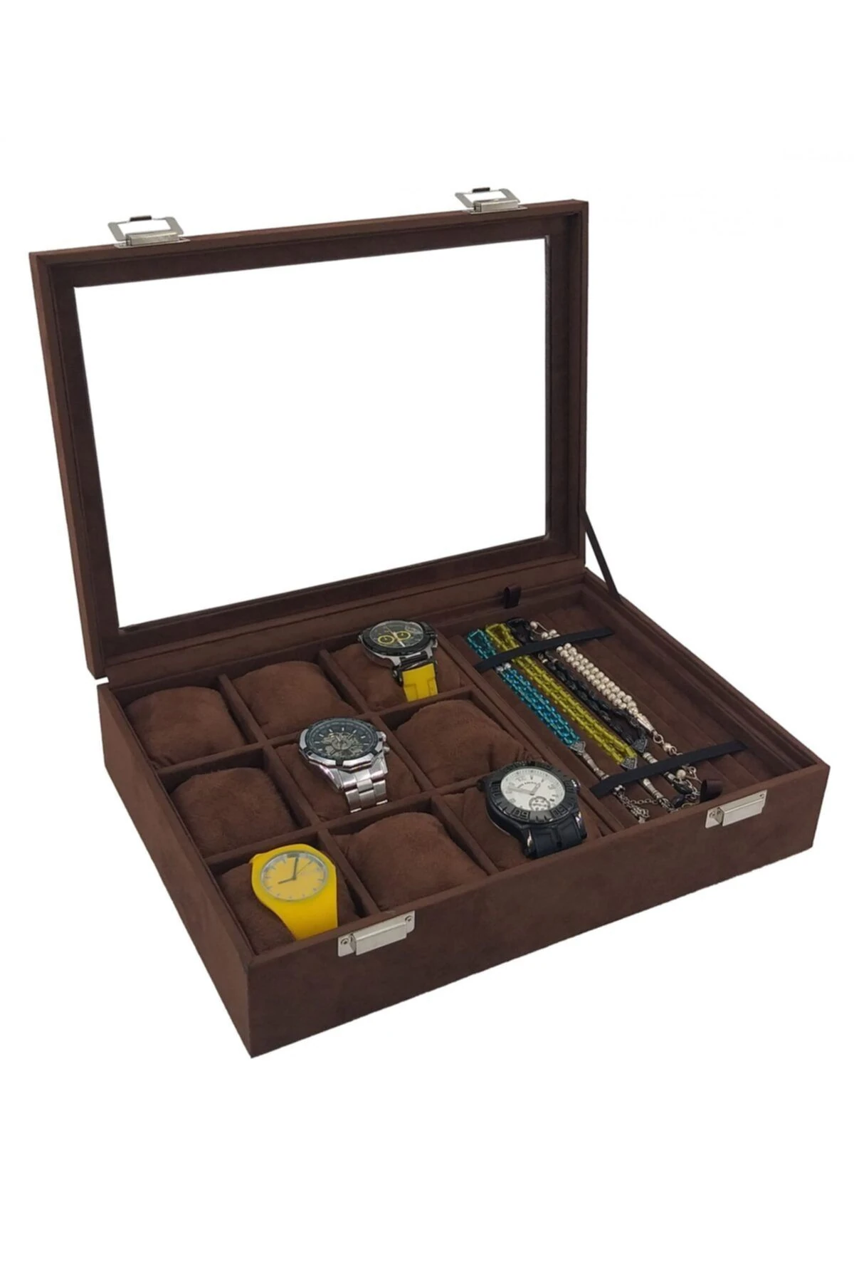 Saat Ve Tesbih Kutusu 9 Tesbih Bölmeli Alcantara Kahve