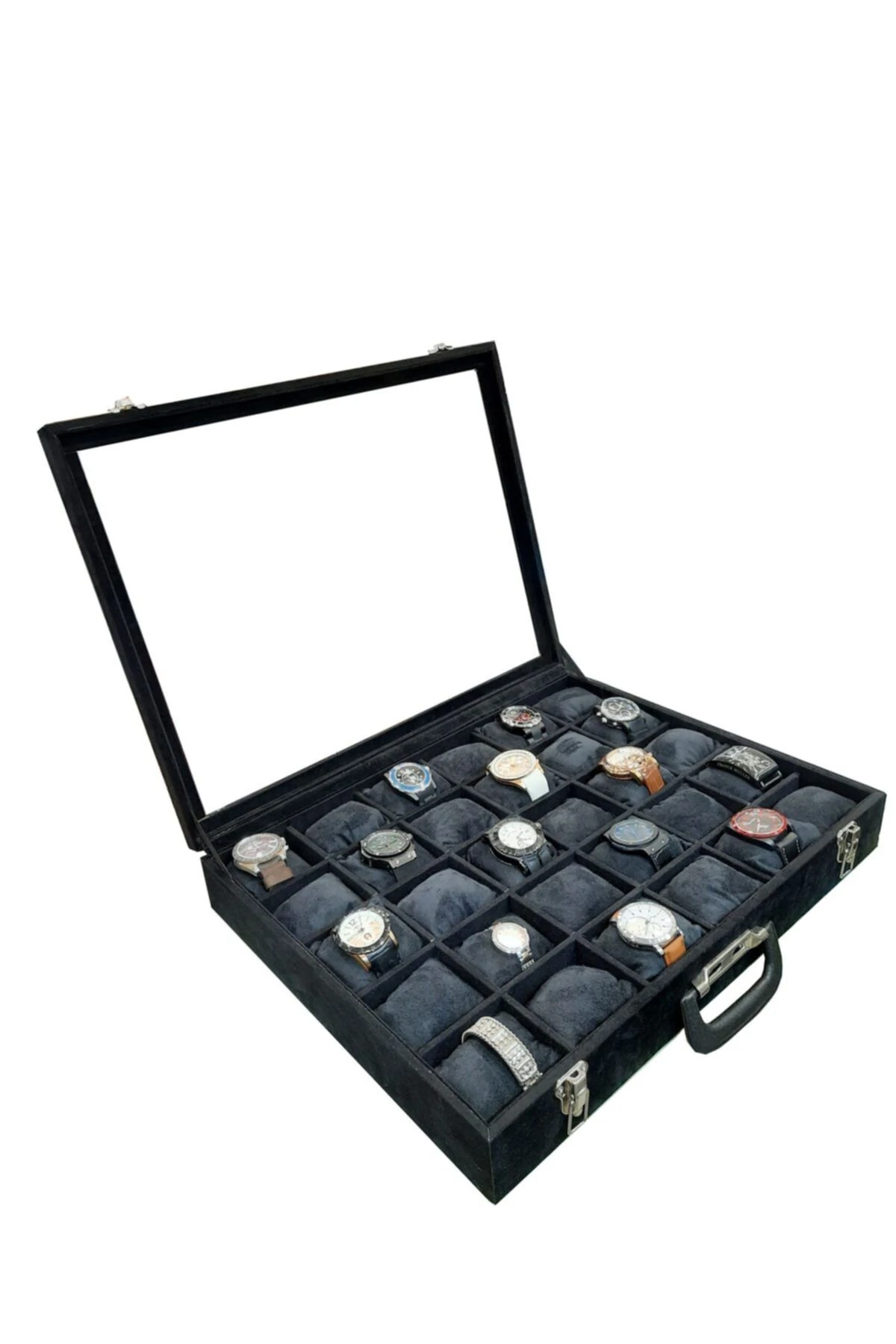 Saat Çantası 30'lu Camlı Siyah Alcantara