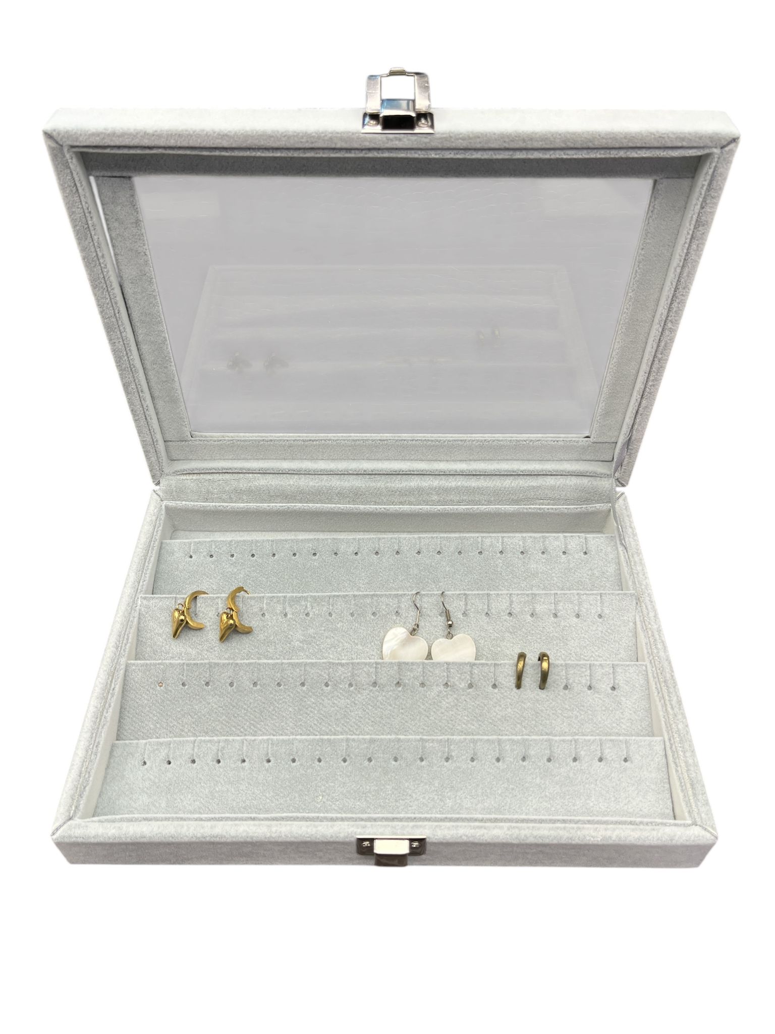 Cam Kapaklı Çok Bölmeli Küpe Organizer Kutusu- Alcantara Gri