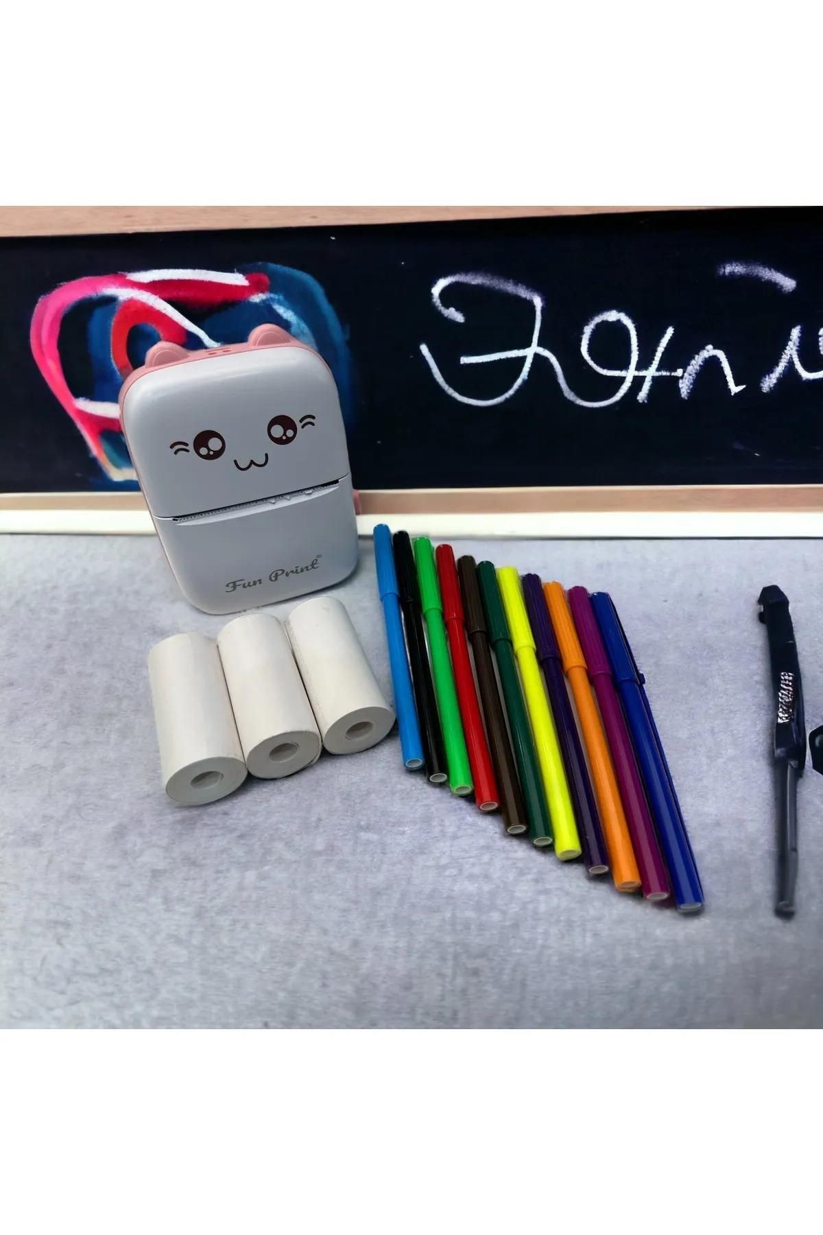 Taşınabilir Yazıcı Mini Pembe, 3 Adet Yapışkanlı Rulo Kağıt Ve 6'li Rengarenk Kalem Seti Hediye.