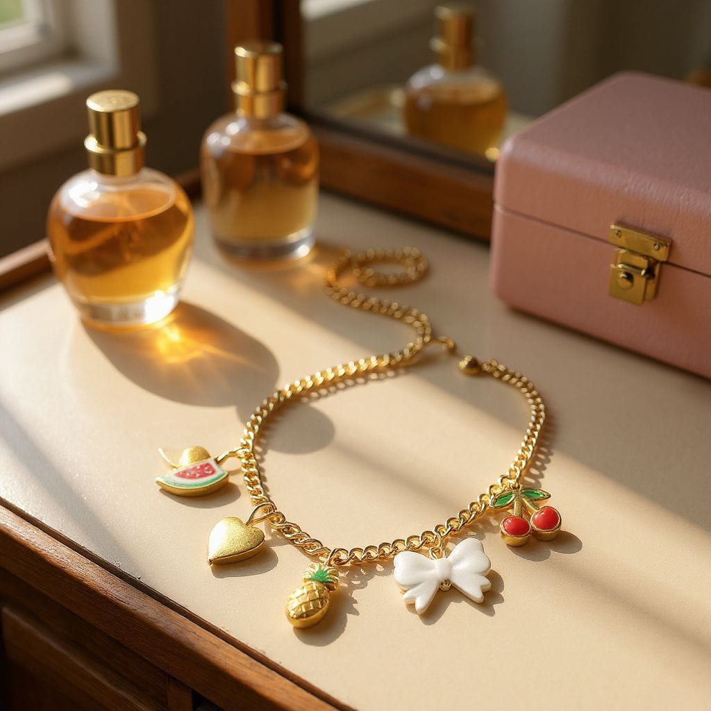 Renkli Figürlü Charm Kolye – Meyve ve Fiyonk Detaylı Altın Renk Zincir