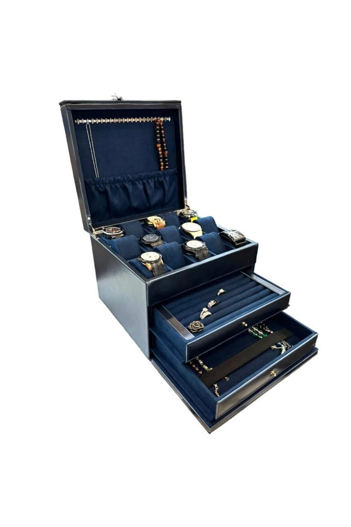 Diplomat Model Çekmeceli Camsız 15'li Saat Ve Yüzük Tesbih Kutusu Lacivert