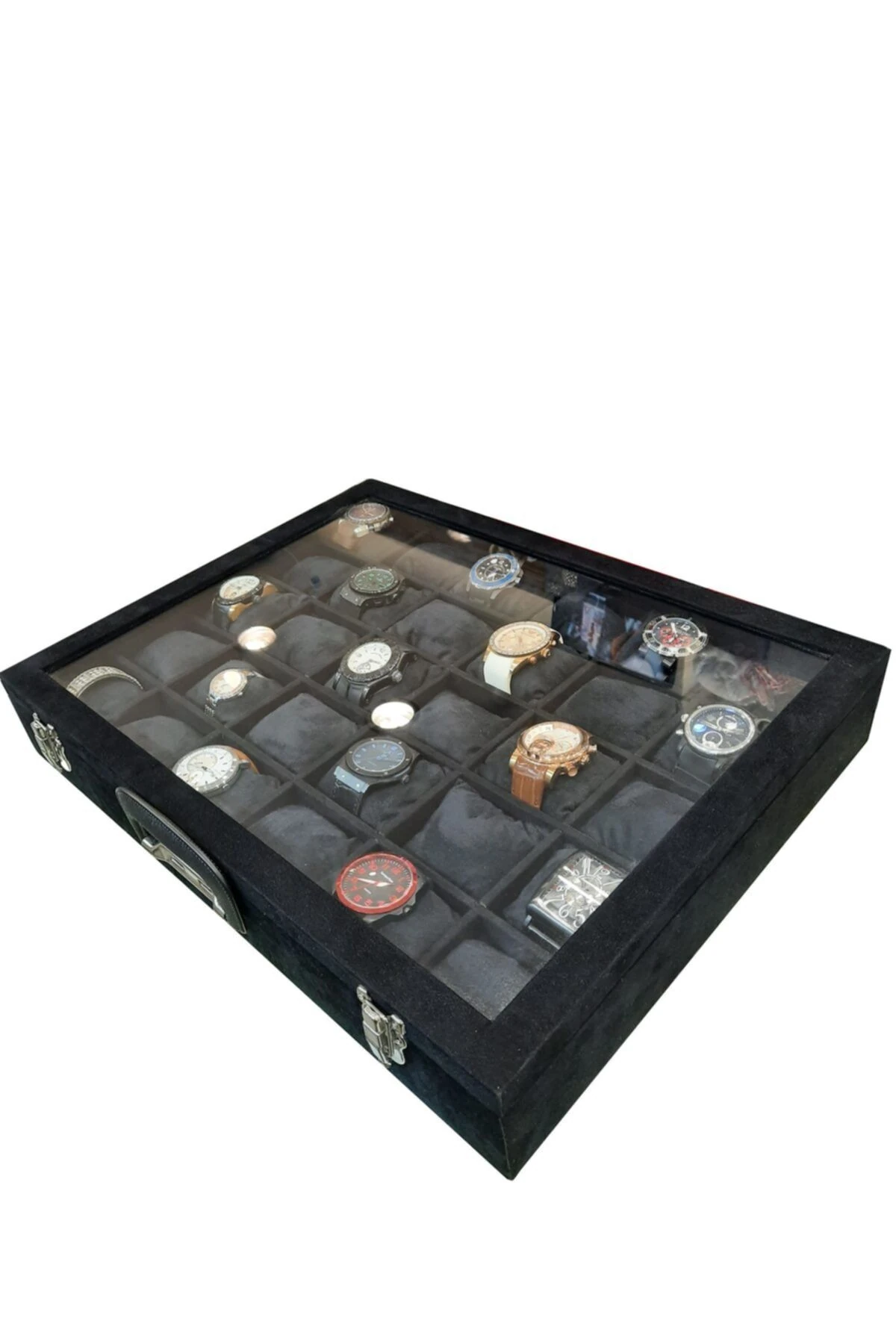 Saat Çantası 30'lu Camlı Siyah Alcantara