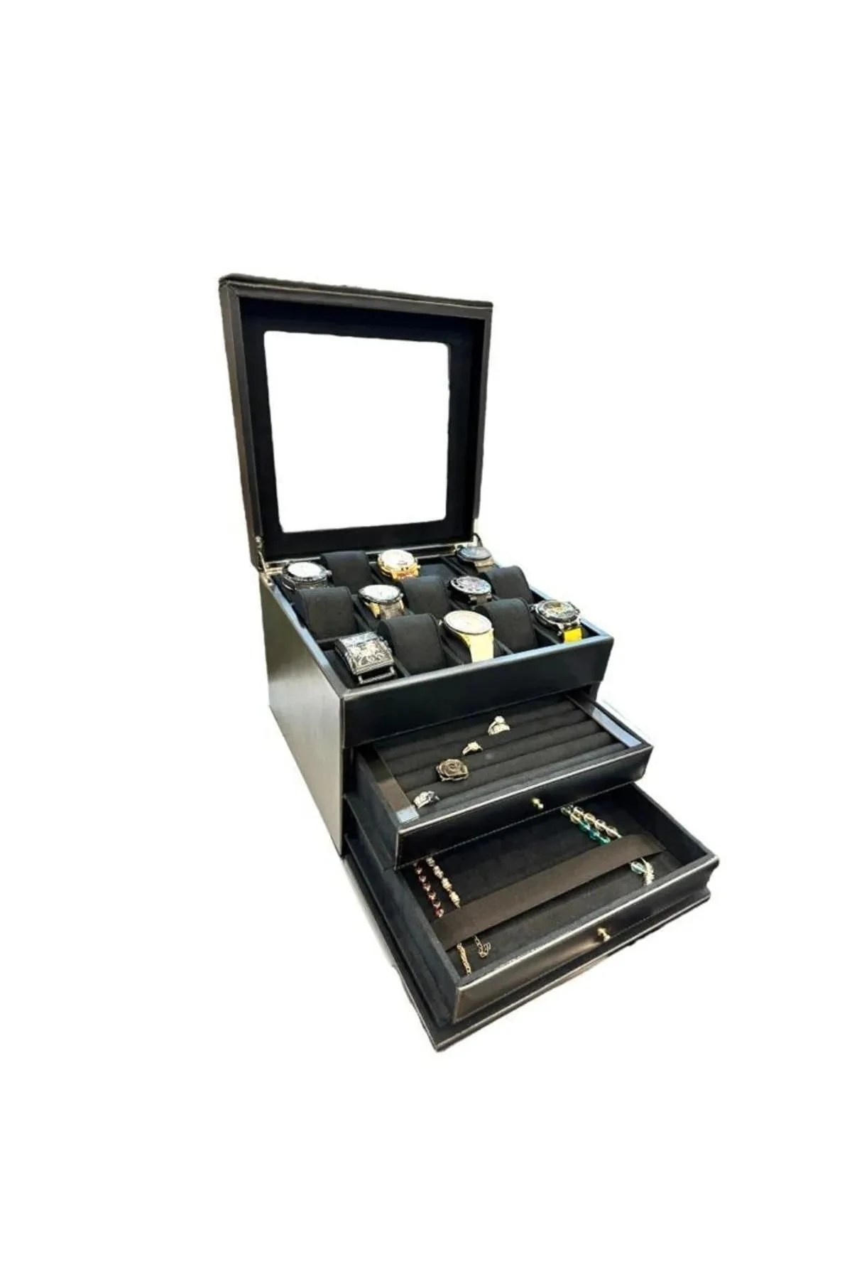 Diplomat Model Çekmeceli Camlı 15'li Saat Ve Yüzük Tesbih Kutusu Lacivert