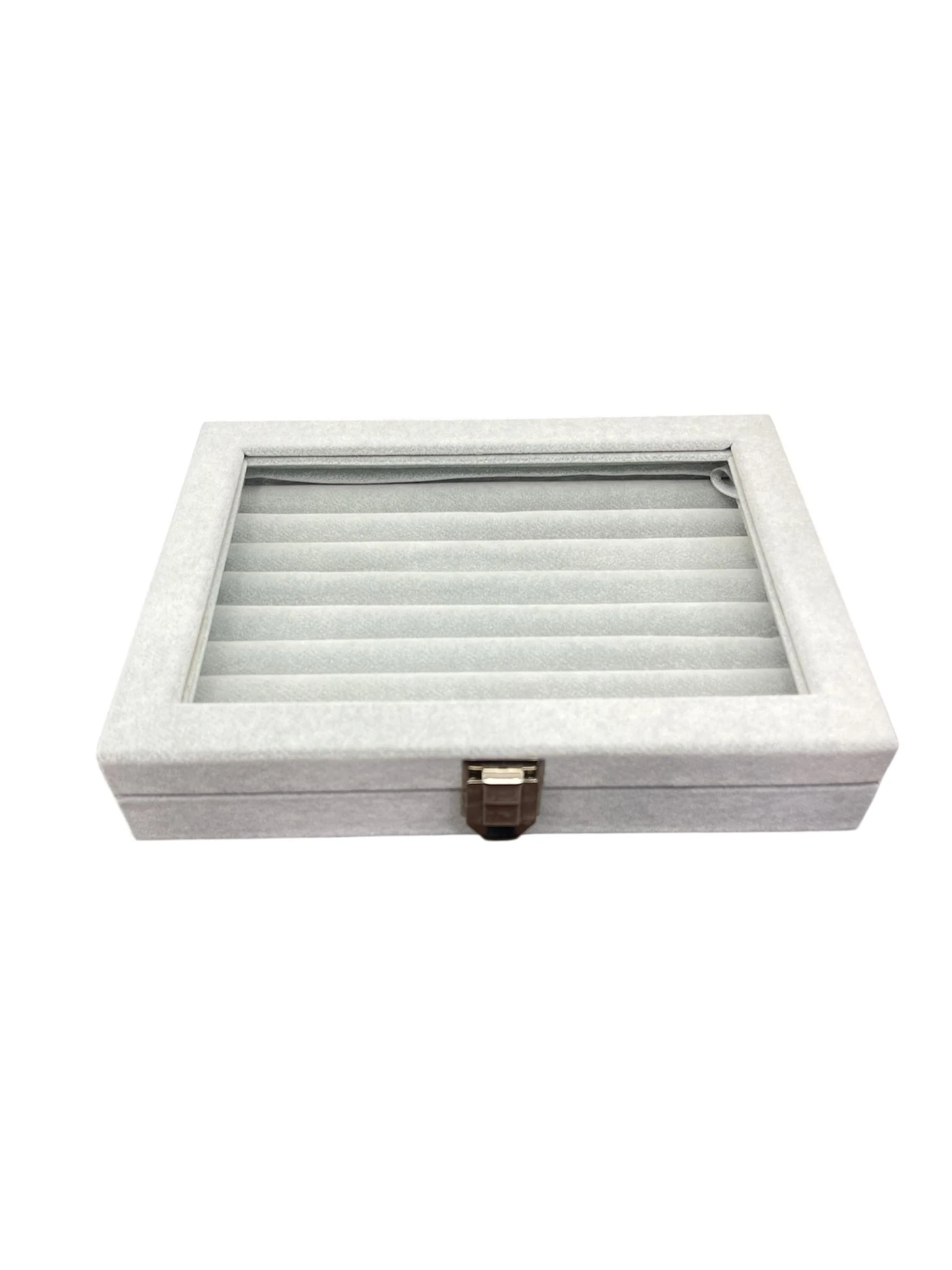 Cam Kapaklı Çok Bölmeli Yüzük Organizer Kutusu- Alcantara Gri